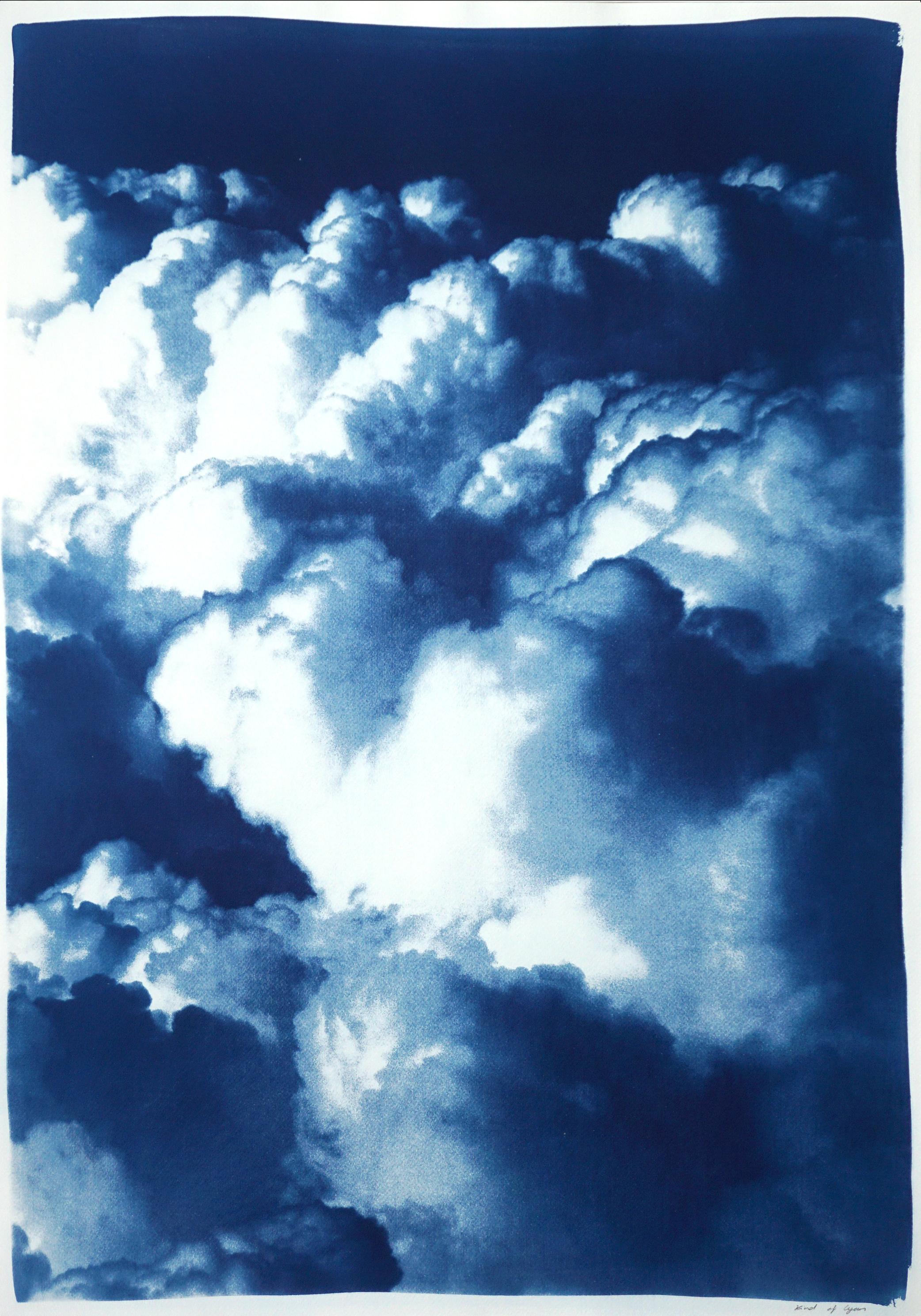 Multipanel Triptych, Serene Gorgeous Clouds, Handmade Cyanotype, Blue and White - Purple Landscape Print by Kind of Cyan