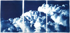 Triptyque à plusieurs panneaux, nuages sereins et magnifiques, cyanotype fait à la main, bleu et blanc