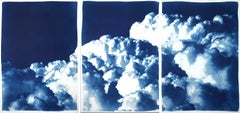 Tríptico Tonos Azules, Serenas y Preciosas Nubes, Papel de Acuarela Cianotipado Hecho a Mano