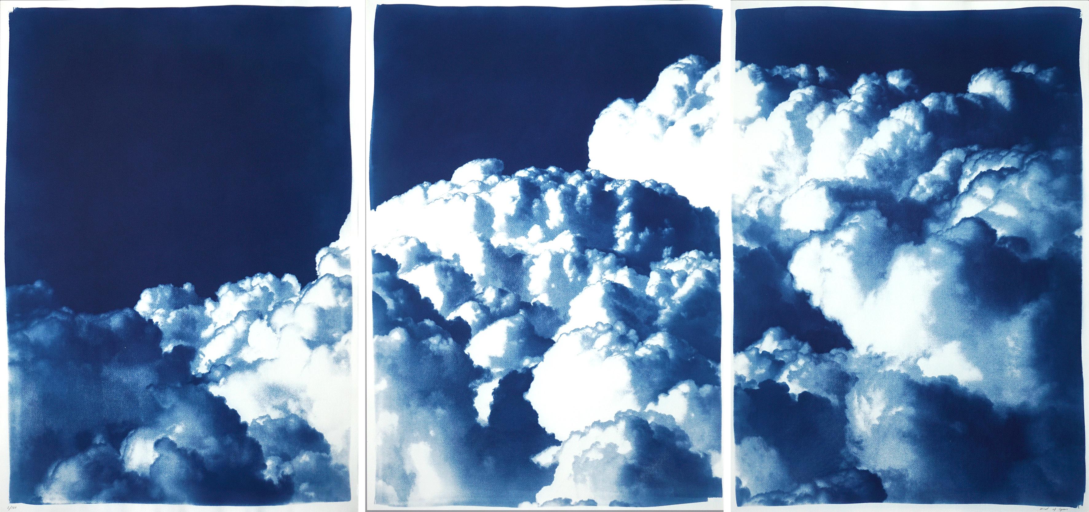 Kind of Cyan Landscape Print - Multipanel Triptych, Serene Gorgeous Clouds, Handmade Cyanotype, Limited Edition