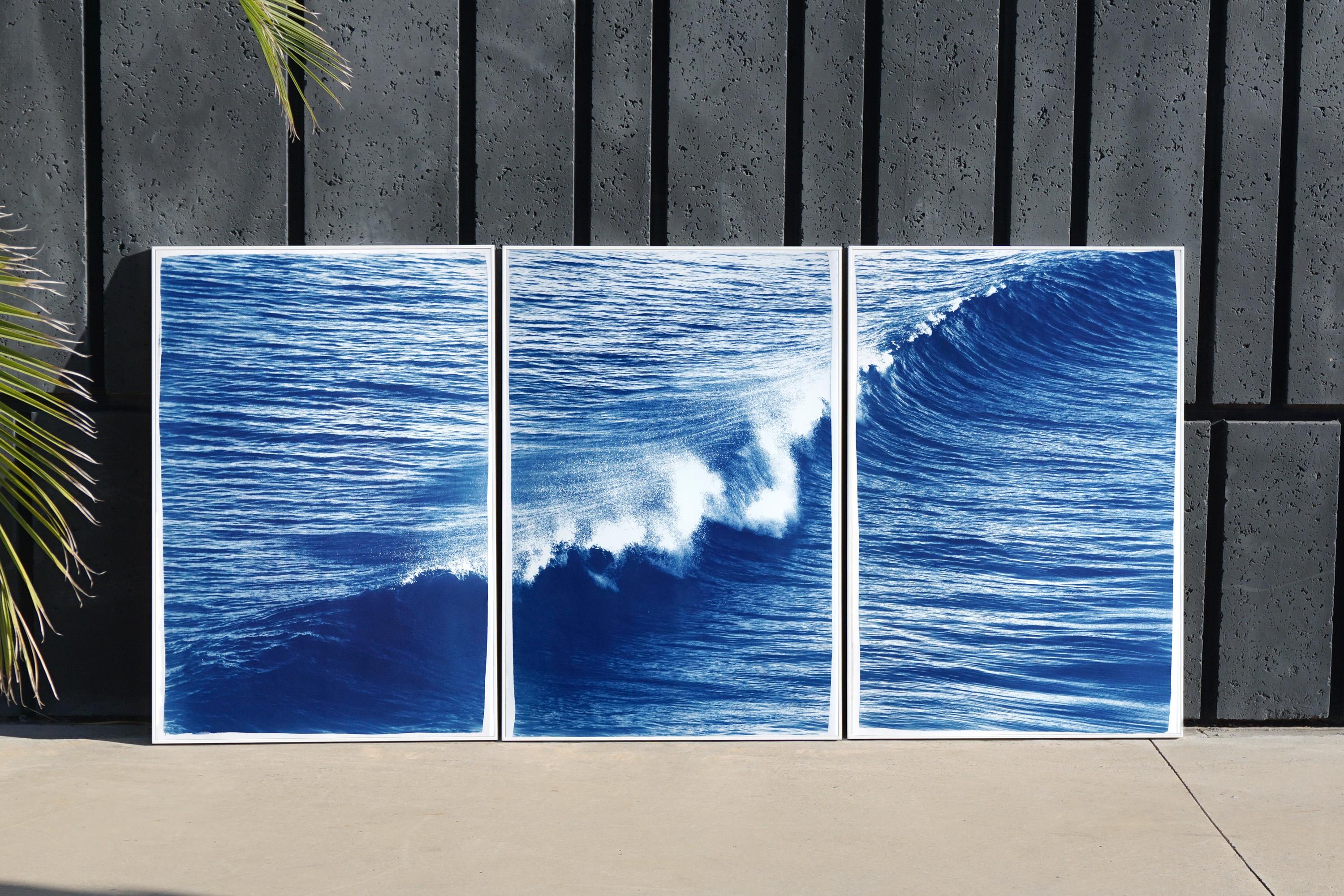 Nautical Seascape Triptych of Crashing Wave in Los Angeles, Exclusive Cyanotype - Painting by Kind of Cyan