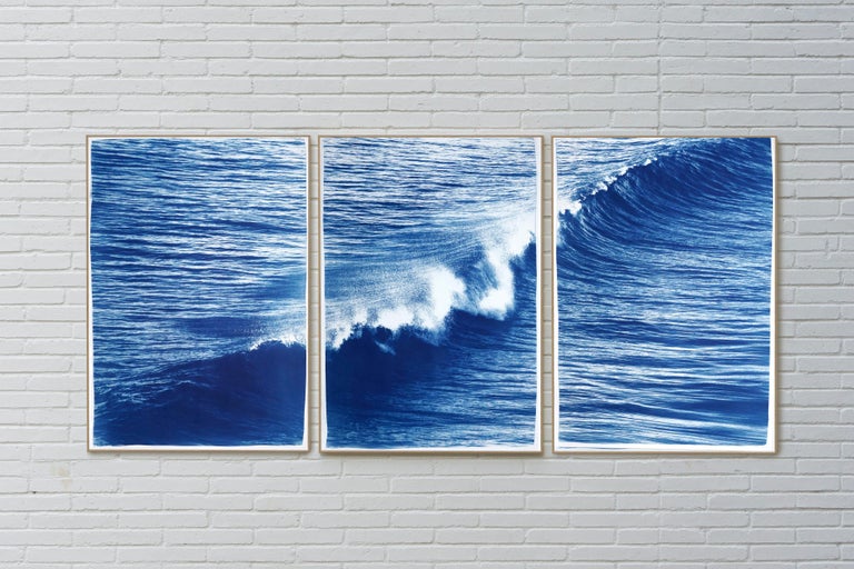 Nautical Seascape Triptych of Crashing Wave in Los Angeles, Exclusive Cyanotype - Photorealist Painting by Kind of Cyan