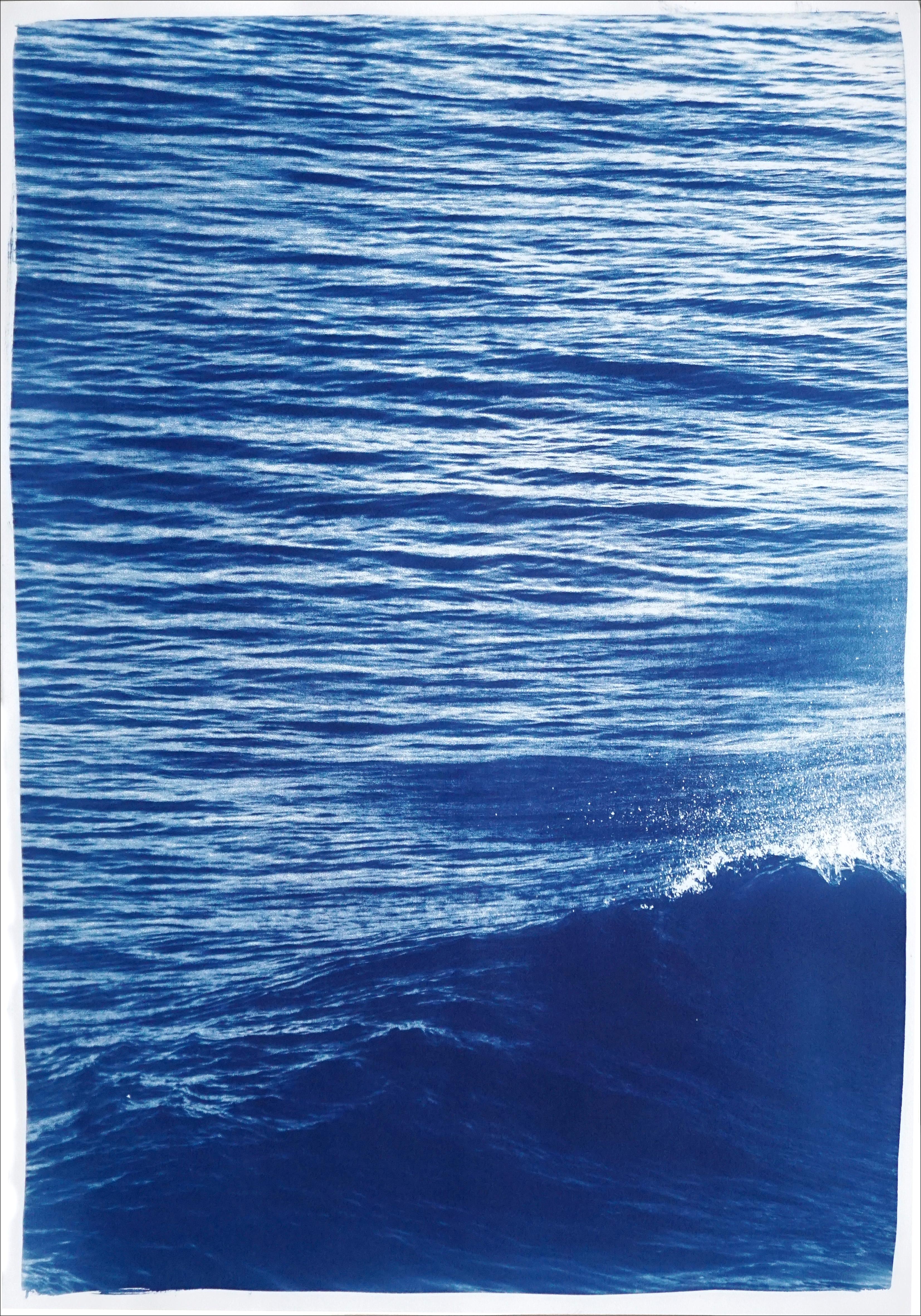 Nautical Seascape Triptych of Crashing Wave in Los Angeles, Exclusive Cyanotype - Photorealist Painting by Kind of Cyan