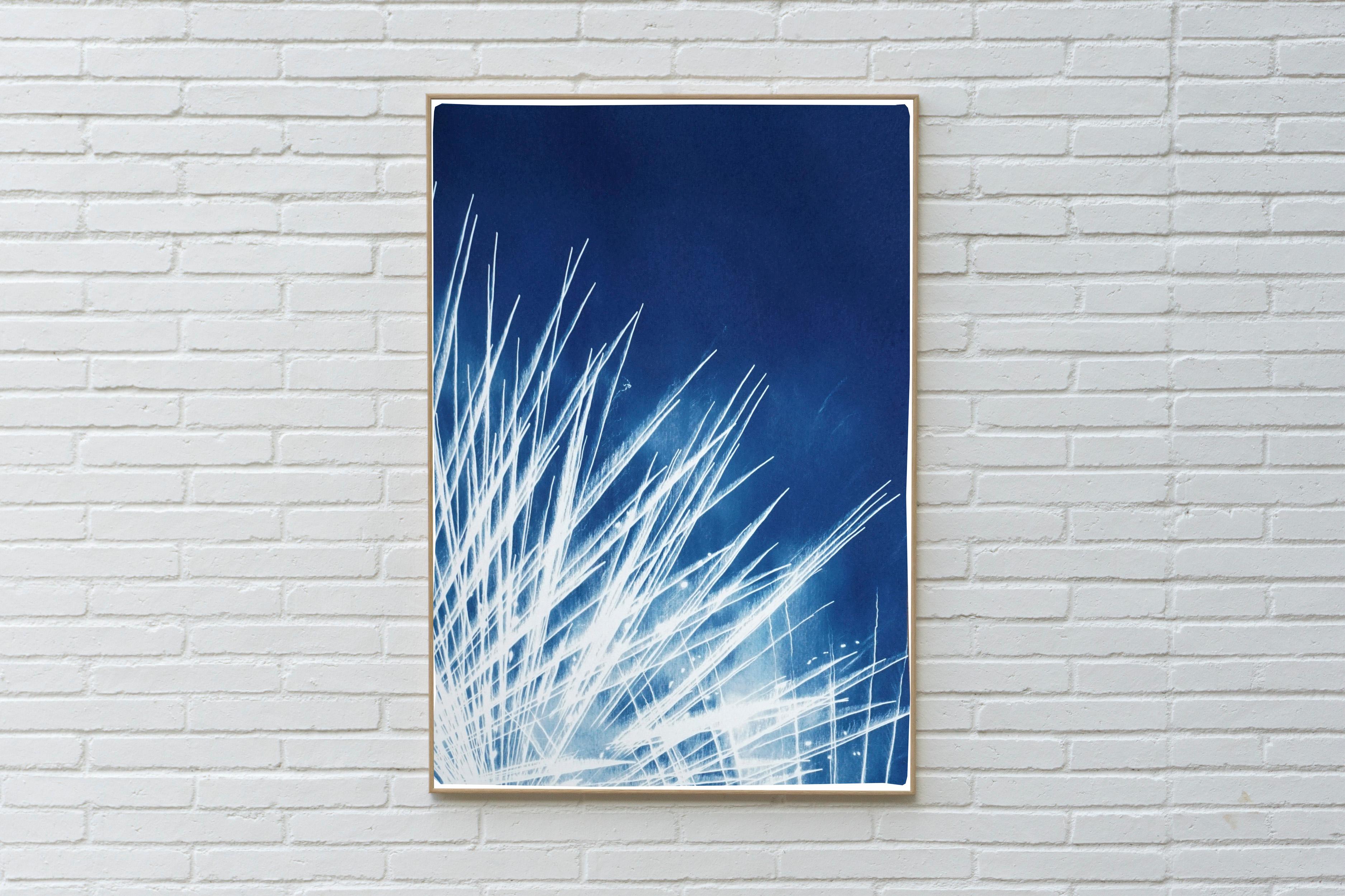 Nighttime Fireworks Flaring, Nocturnal Skyline, Abstract Lights in White & Blue - Painting by Kind of Cyan