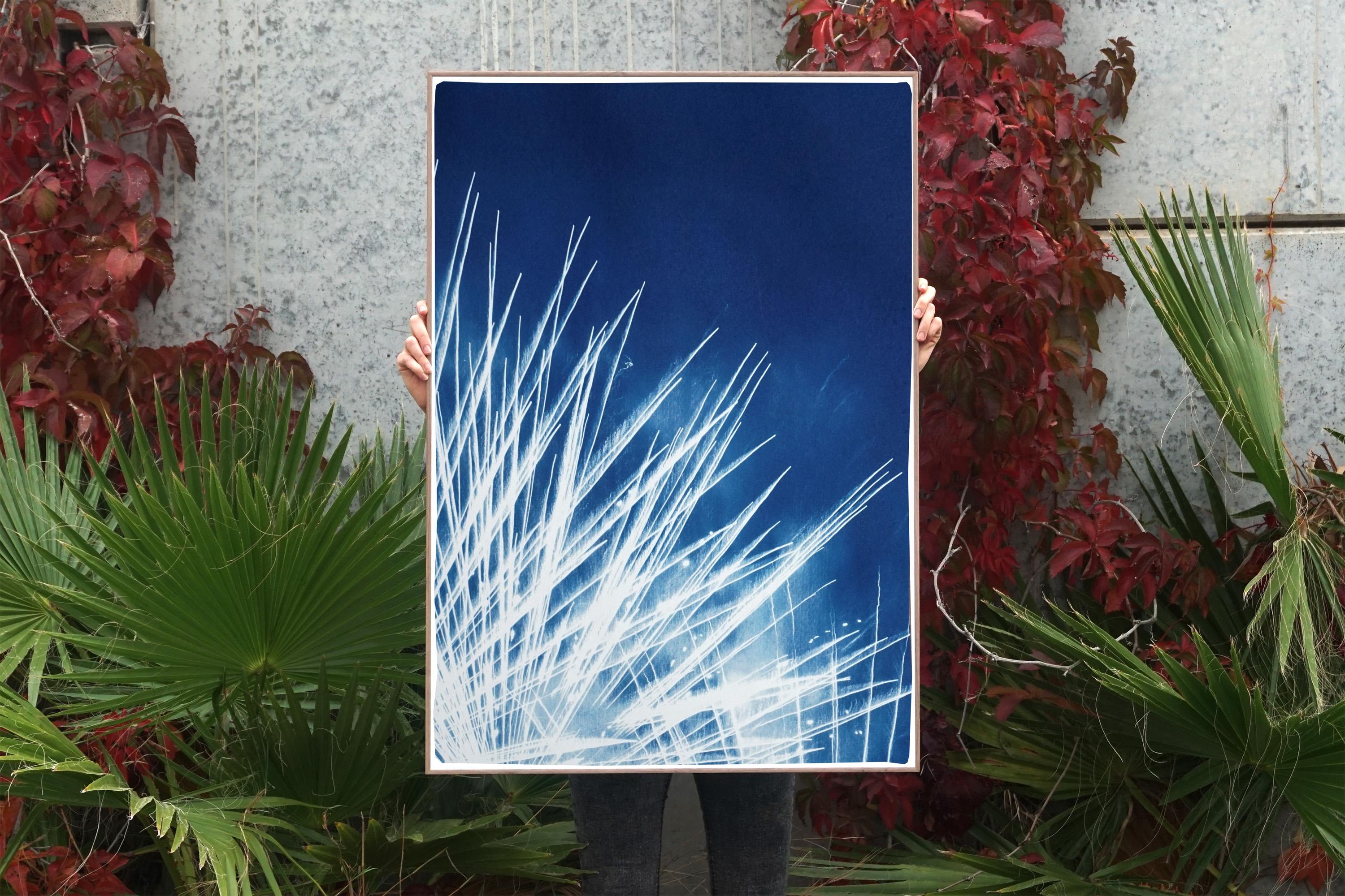 Nighttime Fireworks Flaring, Nocturnal Skyline, Abstract Lights in White & Blue For Sale 1