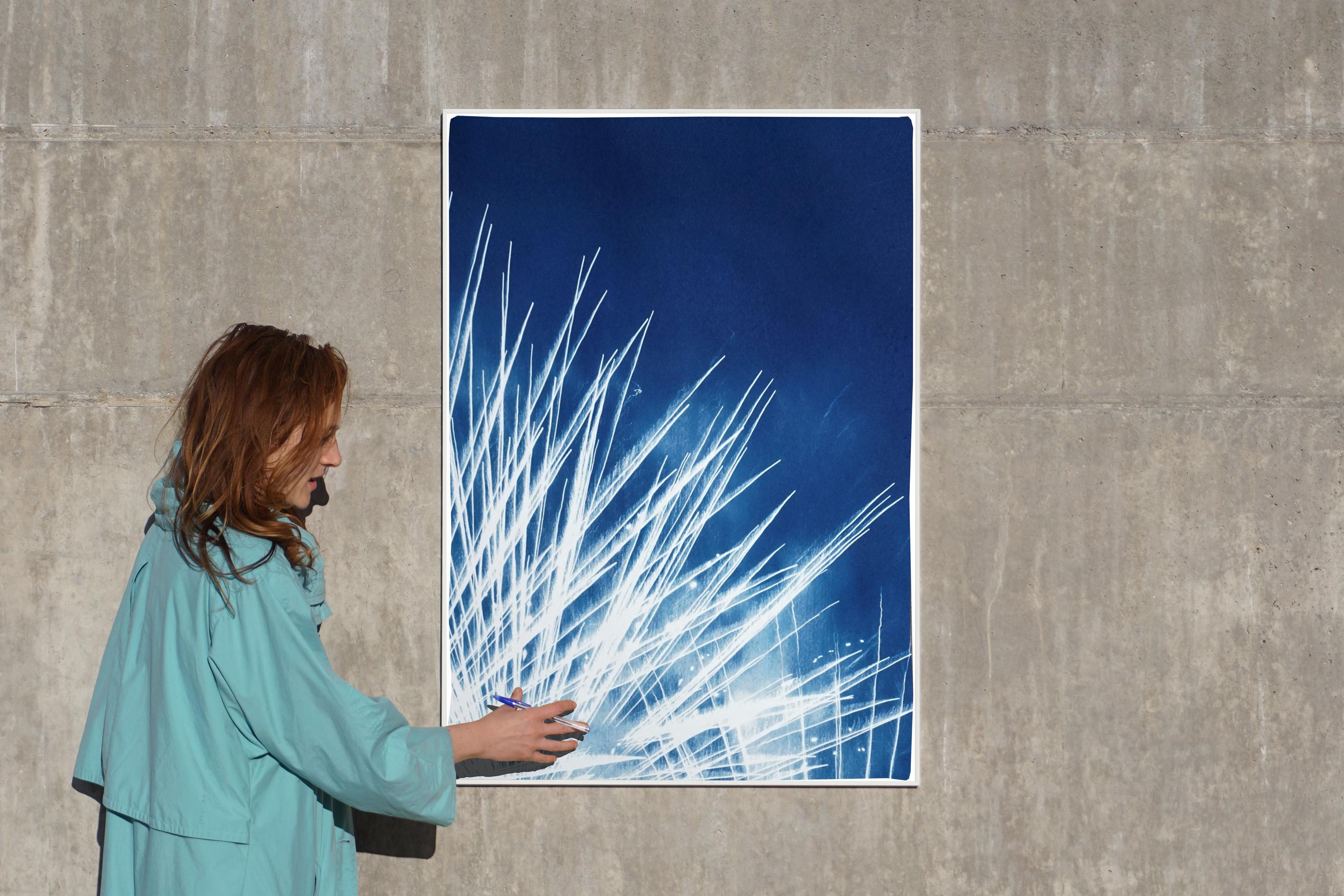 Nighttime Fireworks Flaring, Nocturnal Skyline, Abstract Lights in White & Blue For Sale 3