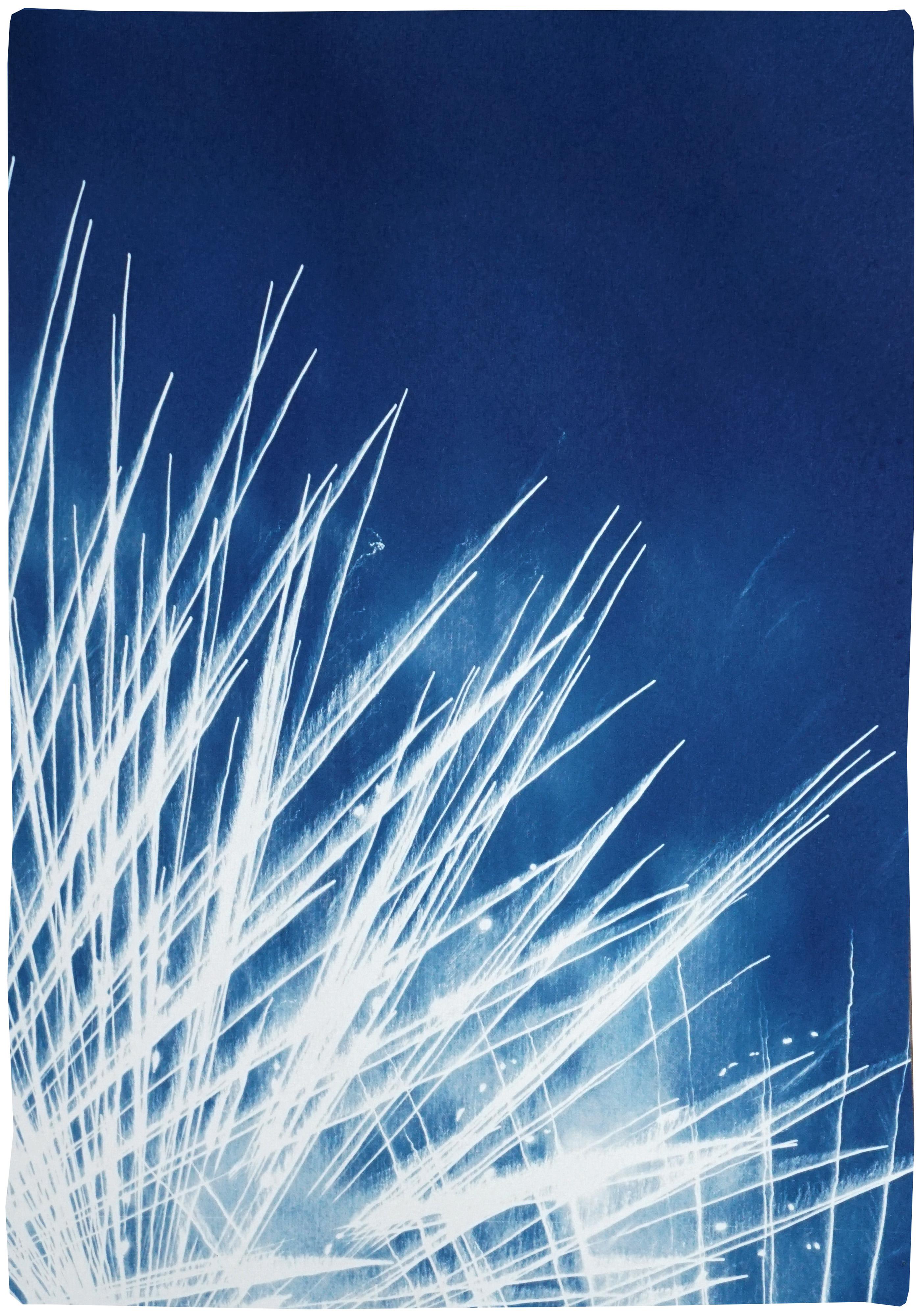 Nighttime Fireworks Flaring, Nocturnal Skyline, Abstract Lights in White & Blue