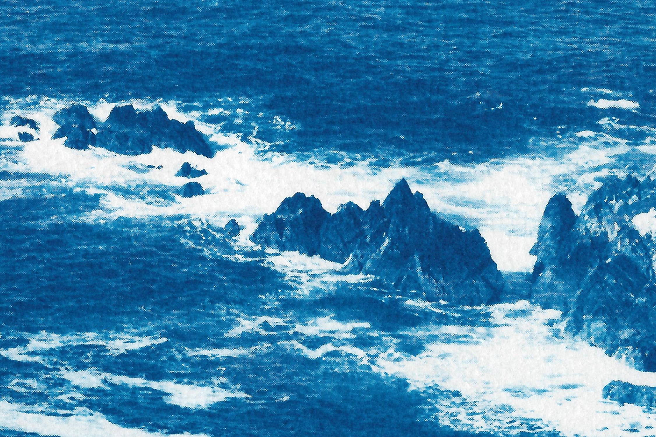 Oregon Coast Seascape, Handmade Cyanotype of Rocky Oregon Landscape, Blue, Paper 1