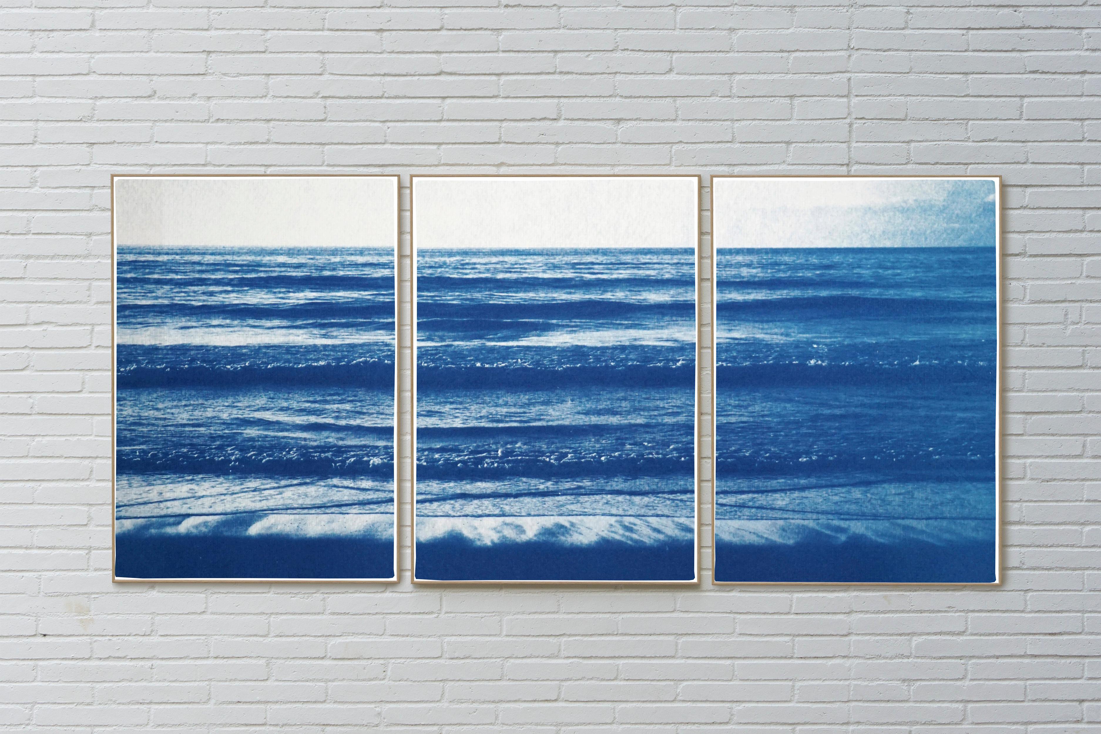 Pacific Beach Horizon, Nautical Triptych Cyanotype, White and Blue Seascape, Zen 1