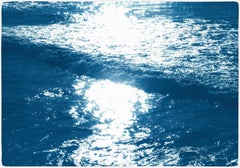 Pacific Sunset Waves, Contemporary Cyanotype on Paper, Navy Blue, Beach House