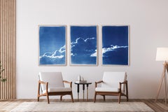Realist Skyscape Triptych in Blue Tones of Serene Cloudy Sky, Handmade Cyanotype