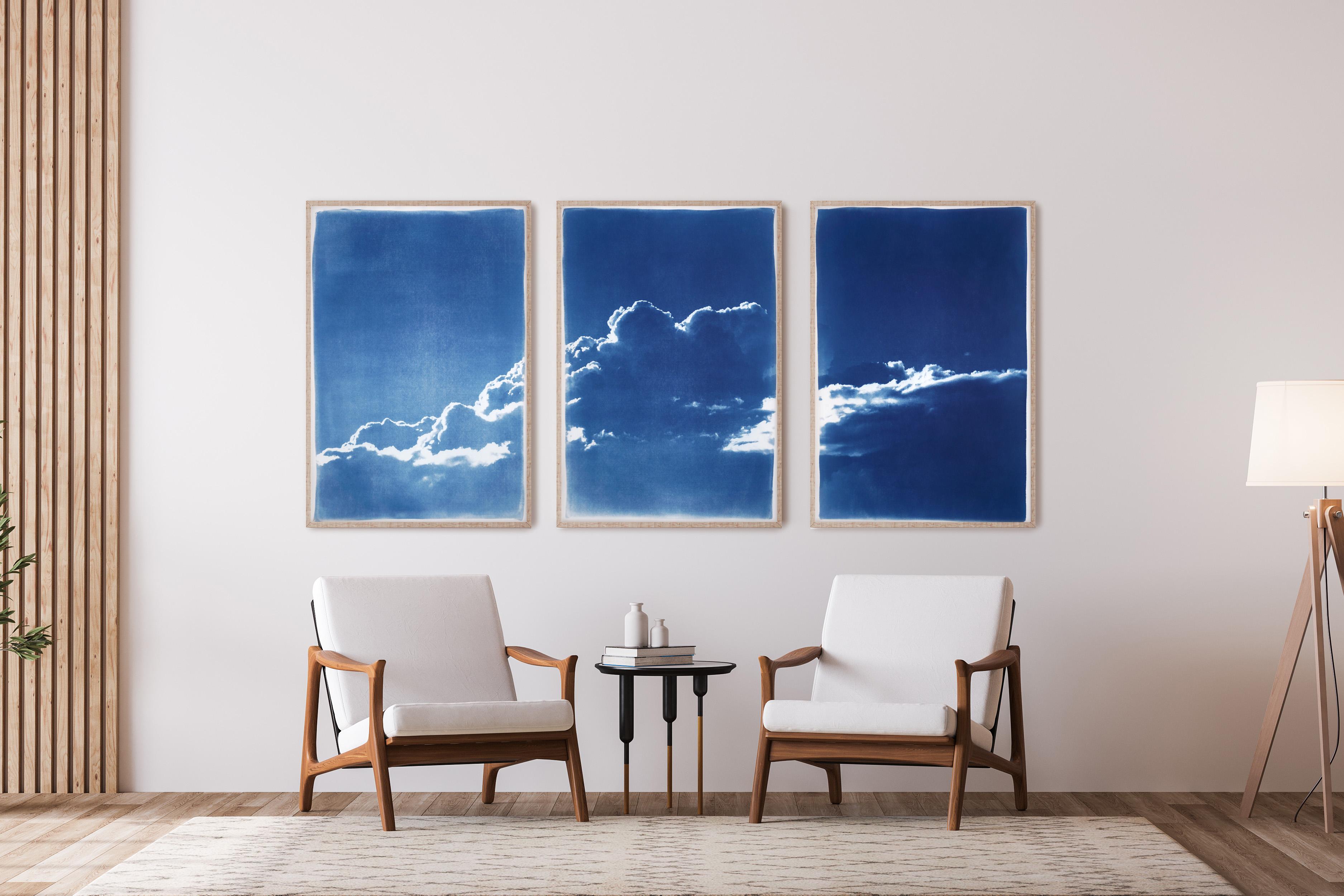 Serene Cloudy Sky Triptych in Blue, Relaxing Skyscape, Multi Panel Blueprint - Painting by Kind of Cyan