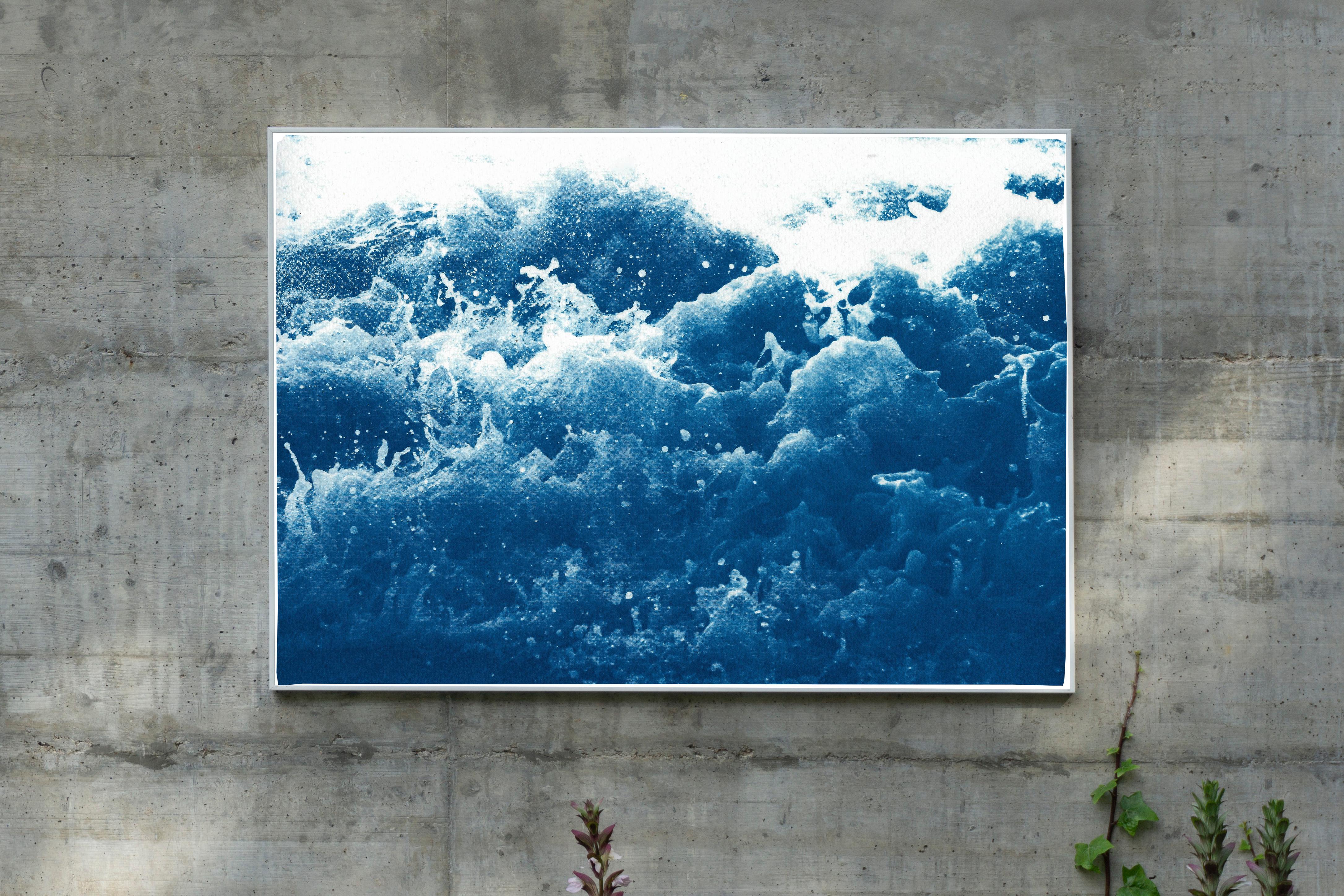 White and Blue Abstract Nautical Cyanotype of Crashing Waters, Coastal Lifestyle - Print by Kind of Cyan