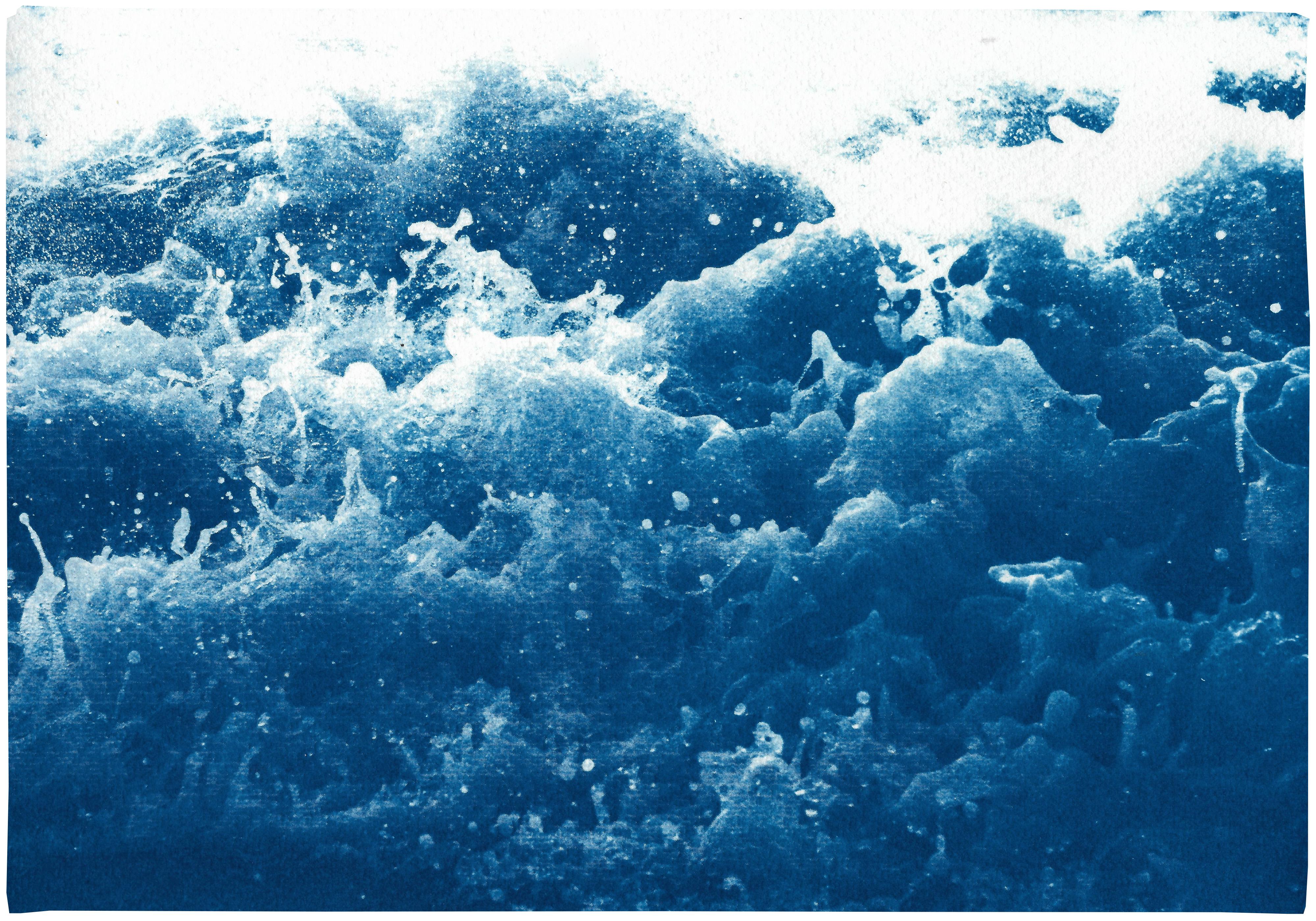White and Blue Abstract Nautical Cyanotype of Crashing Waters, Coastal Lifestyle
