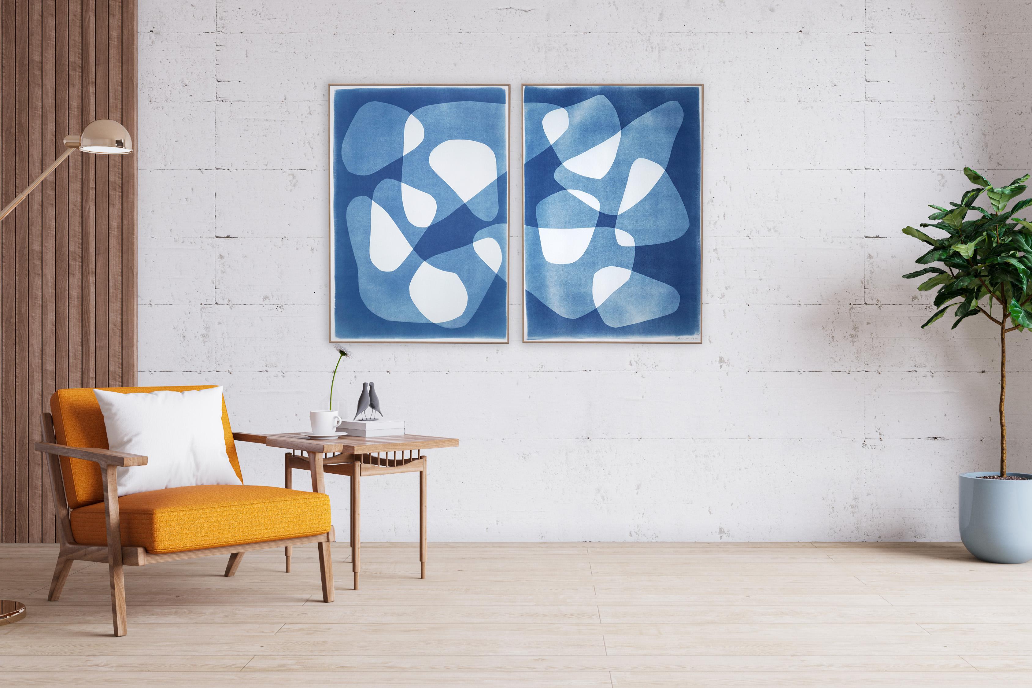 2022, Boomerangs in Movement, Large Diptych, Abstract Shapes in Blue, Monotype 6