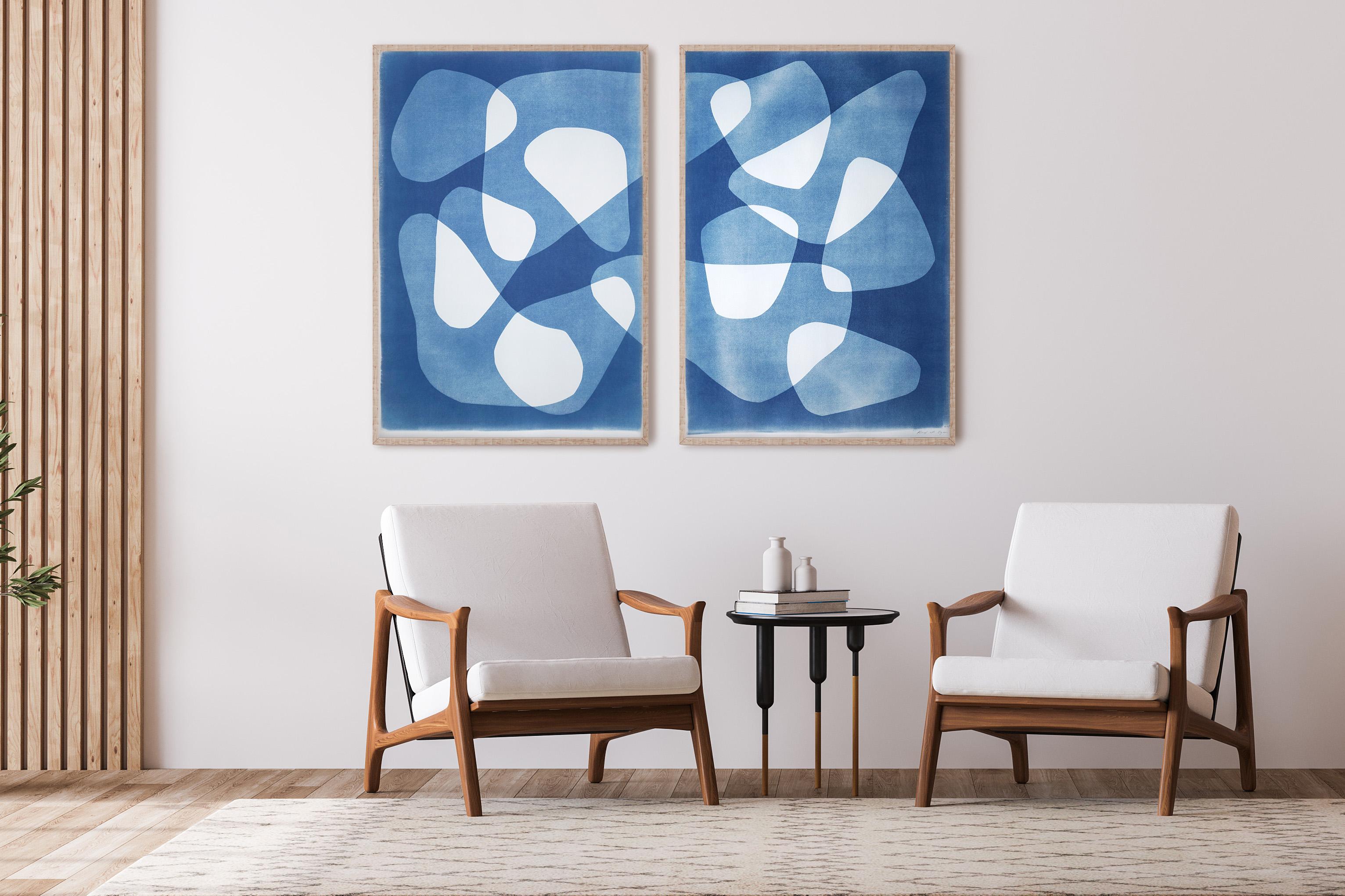 2022, Boomerangs in Movement, Large Diptych, Abstract Shapes in Blue, Monotype - Print by Kind of Cyan