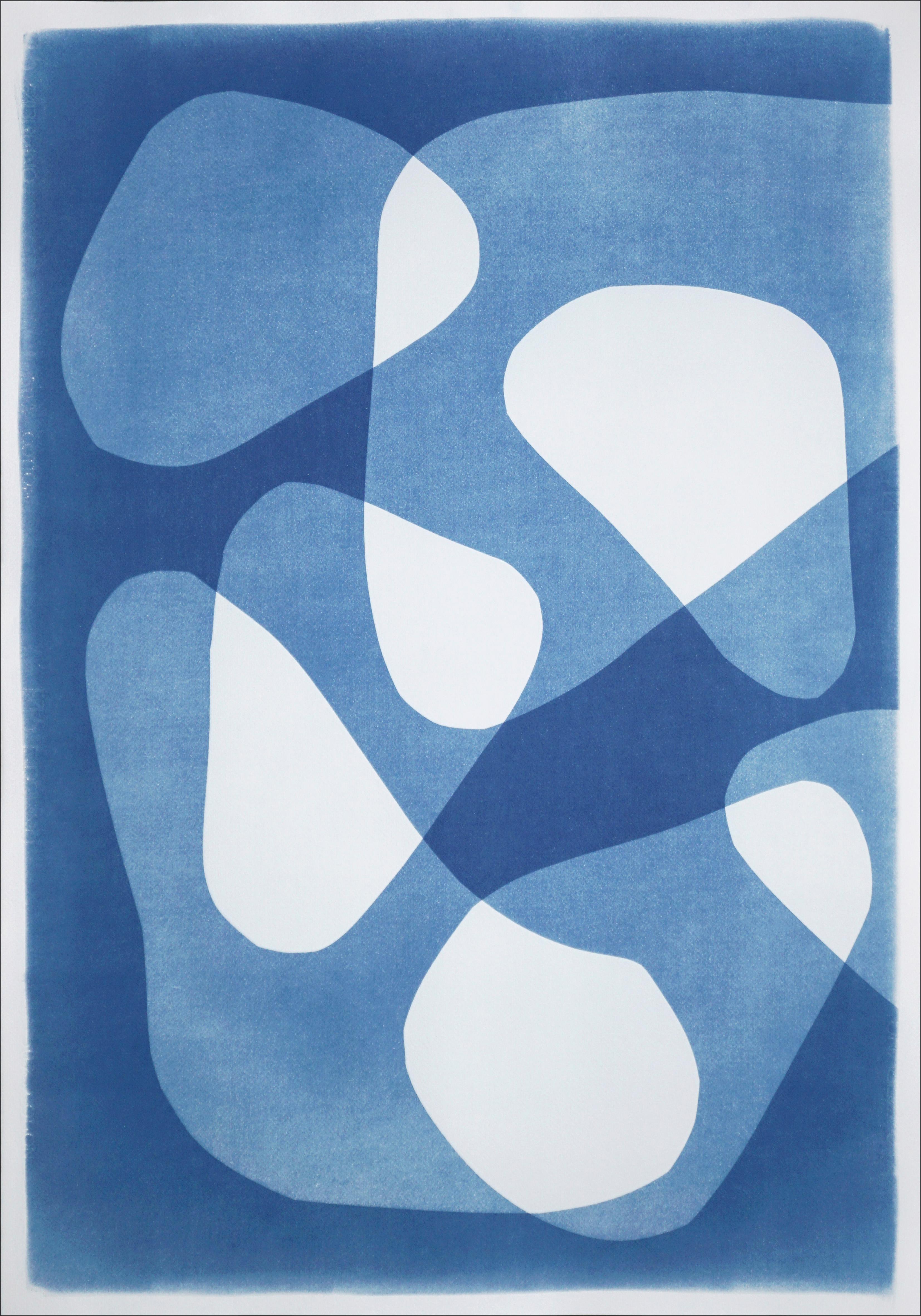 2022, Boomerangs in Movement, Large Diptych, Abstract Shapes in Blue, Monotype - Minimalist Print by Kind of Cyan