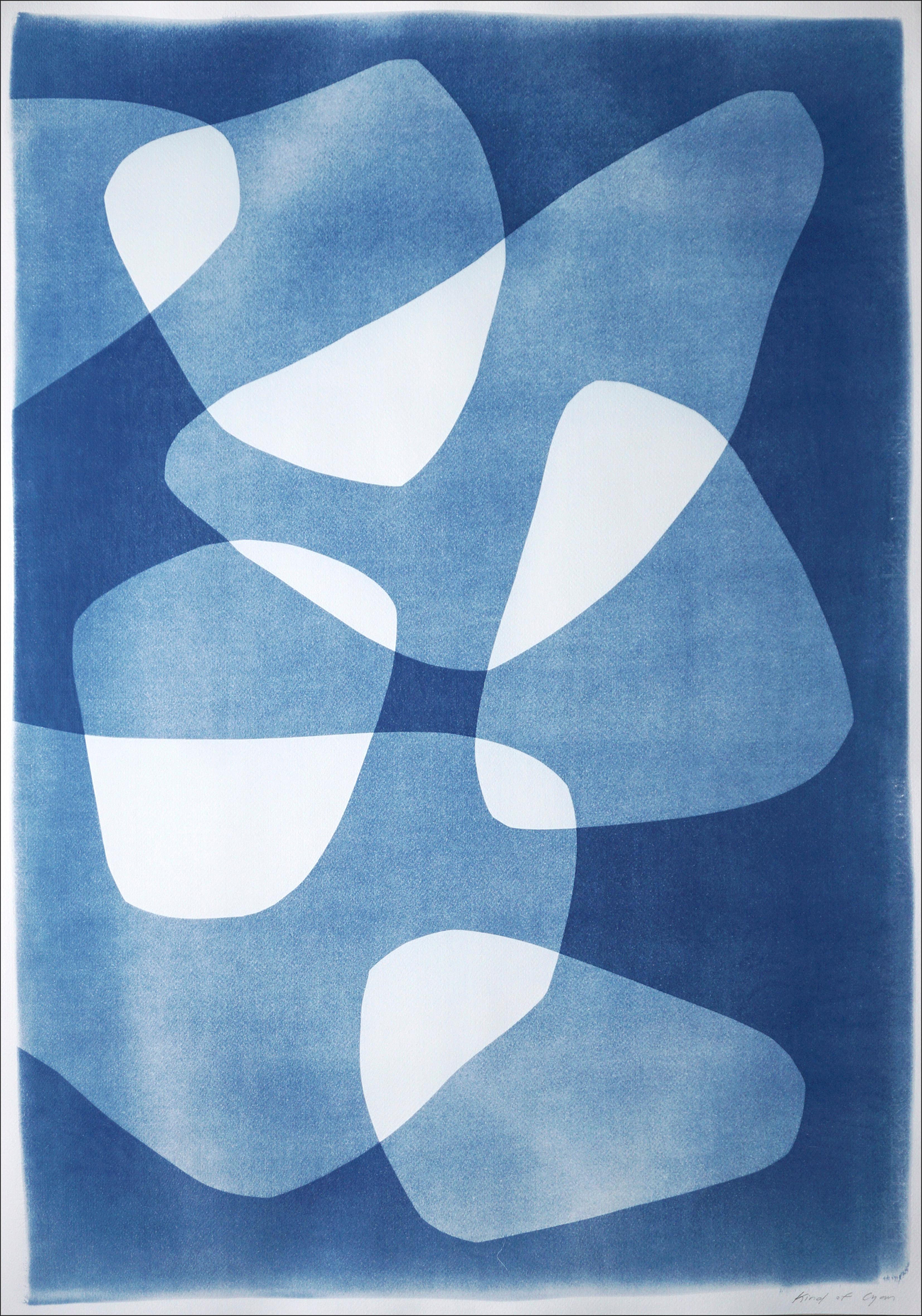 This is an exclusive handprinted unique cyanotype on watercolor paper.
This diptych gets its inspiration from mid-century modern shapes and compositions. It's made by layering paper cutouts and different exposures using uv-light.

Details:
+ Title: