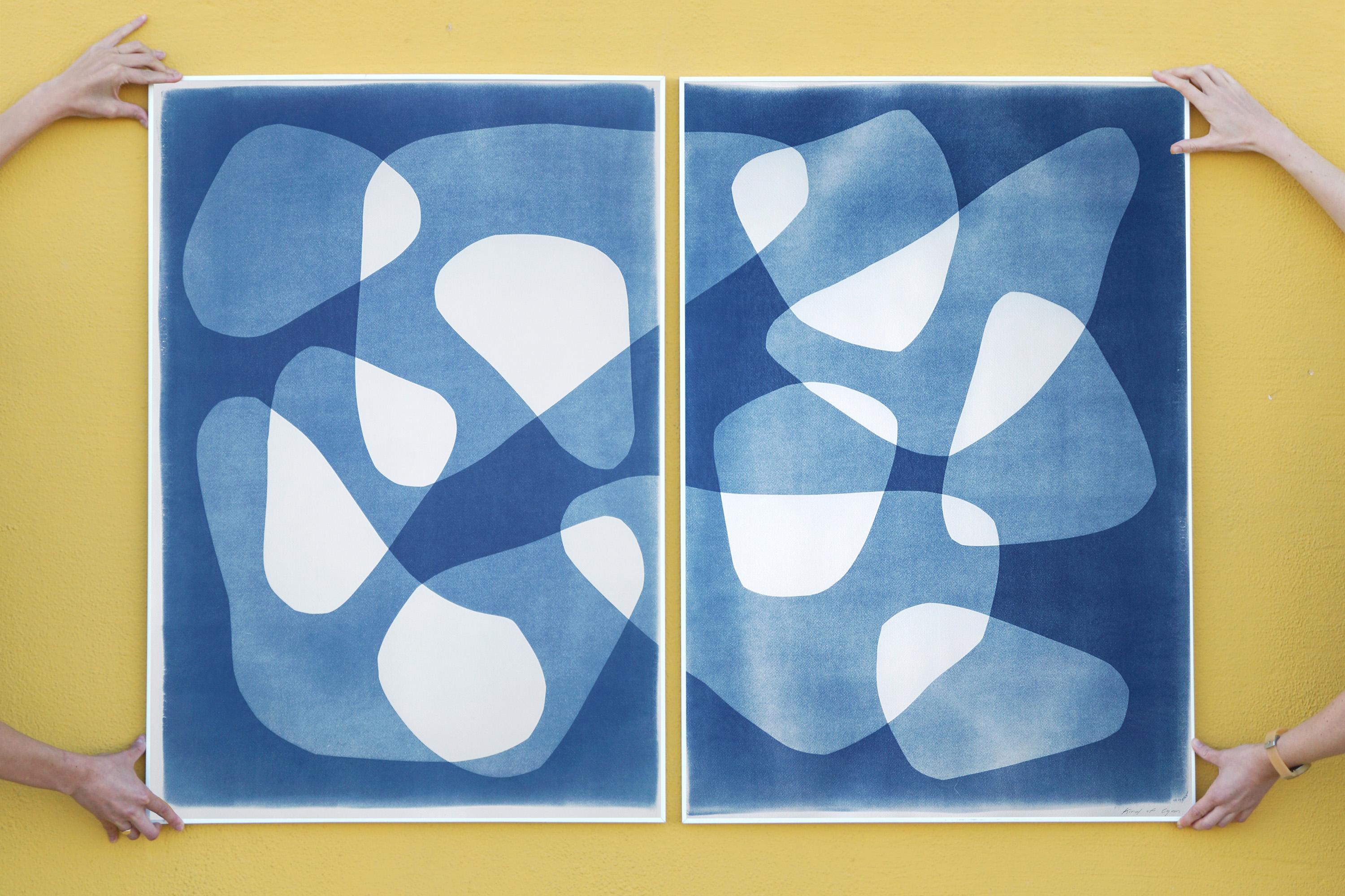 2022, Boomerangs in Movement, Large Diptych, Abstract Shapes in Blue, Monotype 1