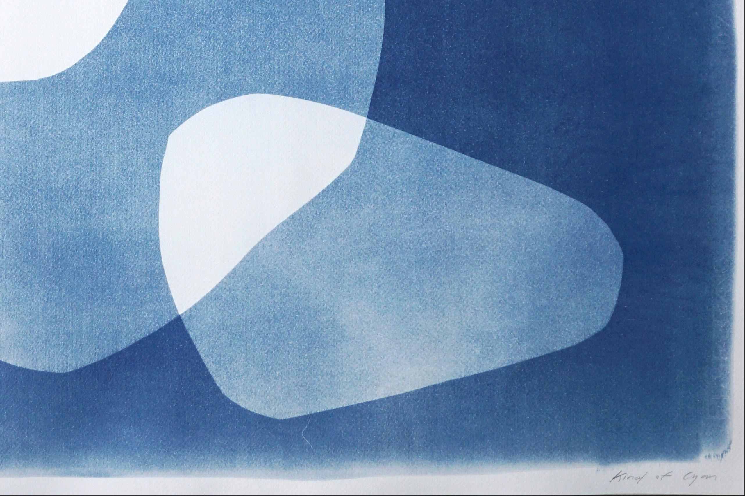 2022, Boomerangs in Movement, Large Diptych, Abstract Shapes in Blue, Monotype 2