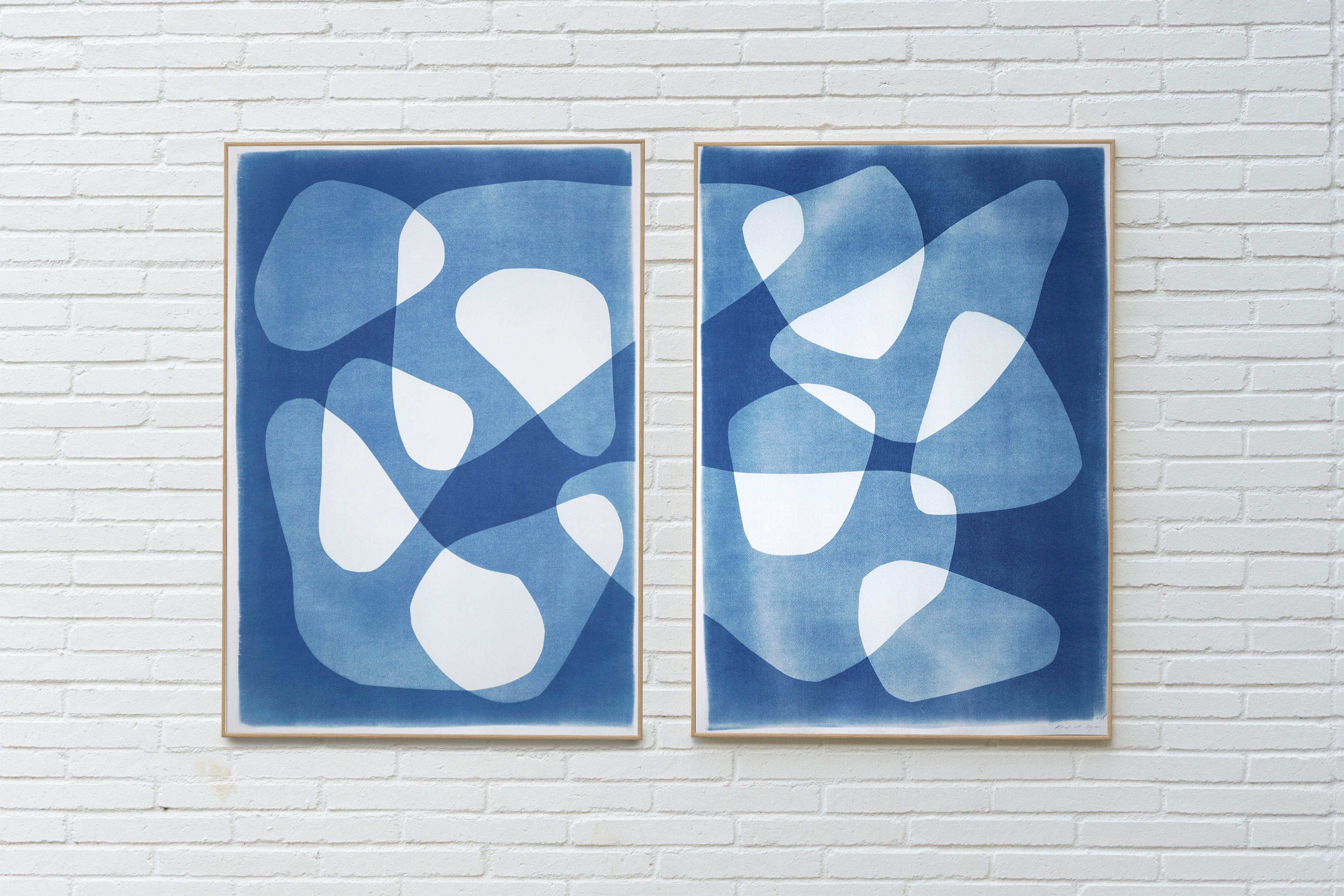 2022, Boomerangs in Movement, Large Diptych, Abstract Shapes in Blue, Monotype 5