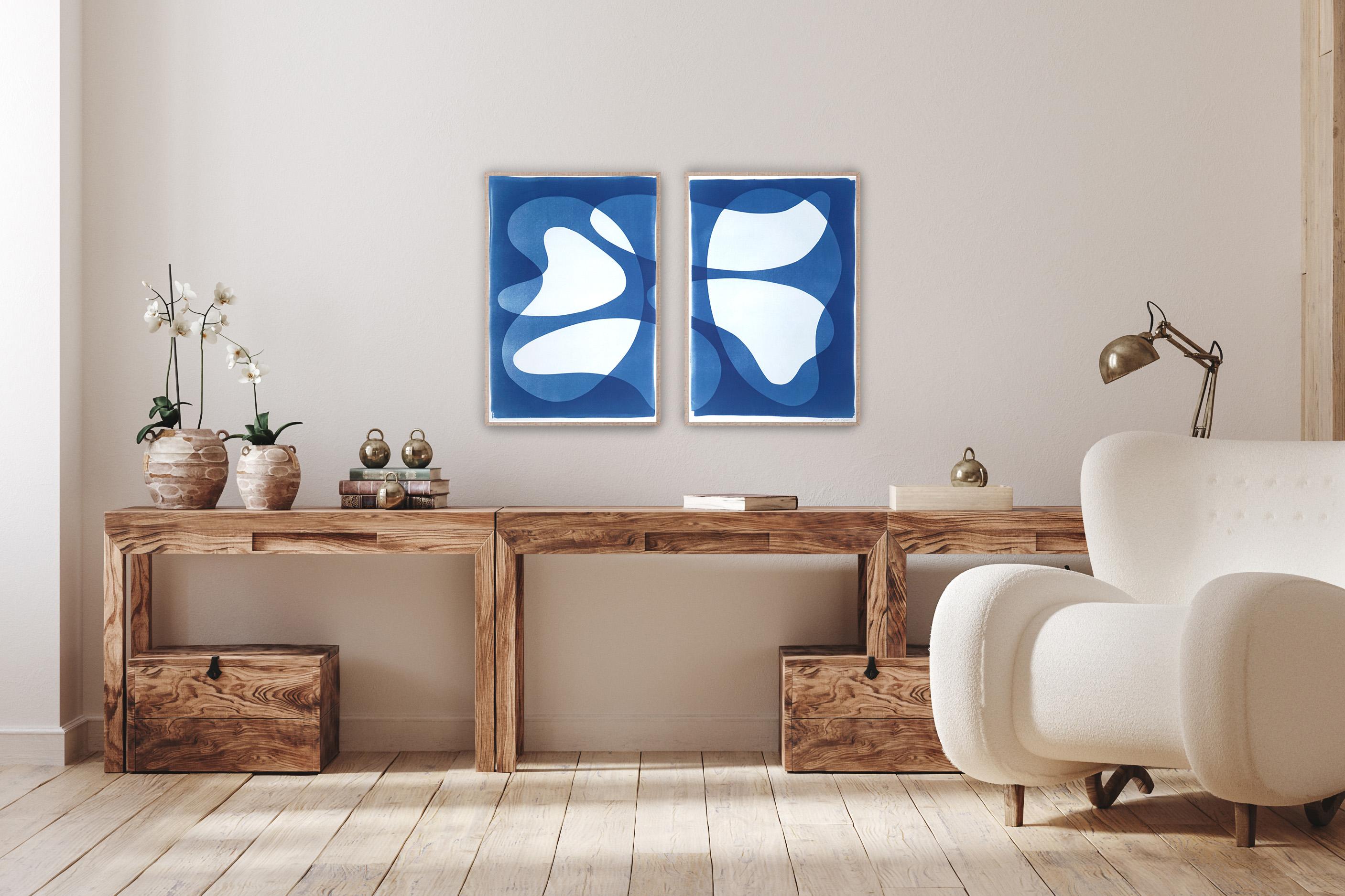 Futurist Pool Diptych, Mid-Century Shapes, Blue Tones Transparencies Cyanotype - Print by Kind of Cyan