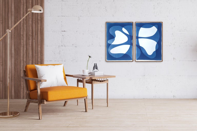 2022, Futurist Pool Diptych, Mid-Century Shapes Diptych in Blue Tones, Cyanotype For Sale 1