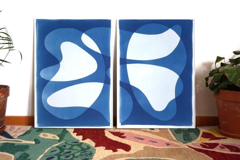 2022, Futurist Pool Diptych, Mid-Century Shapes Diptych in Blue Tones, Cyanotype For Sale 5