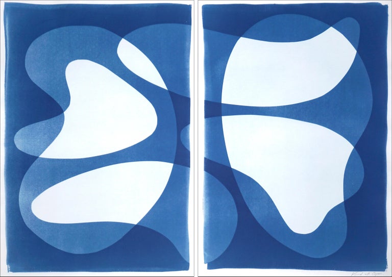 Kind of Cyan Abstract Print - 2022, Futurist Pool Diptych, Mid-Century Shapes Diptych in Blue Tones, Cyanotype