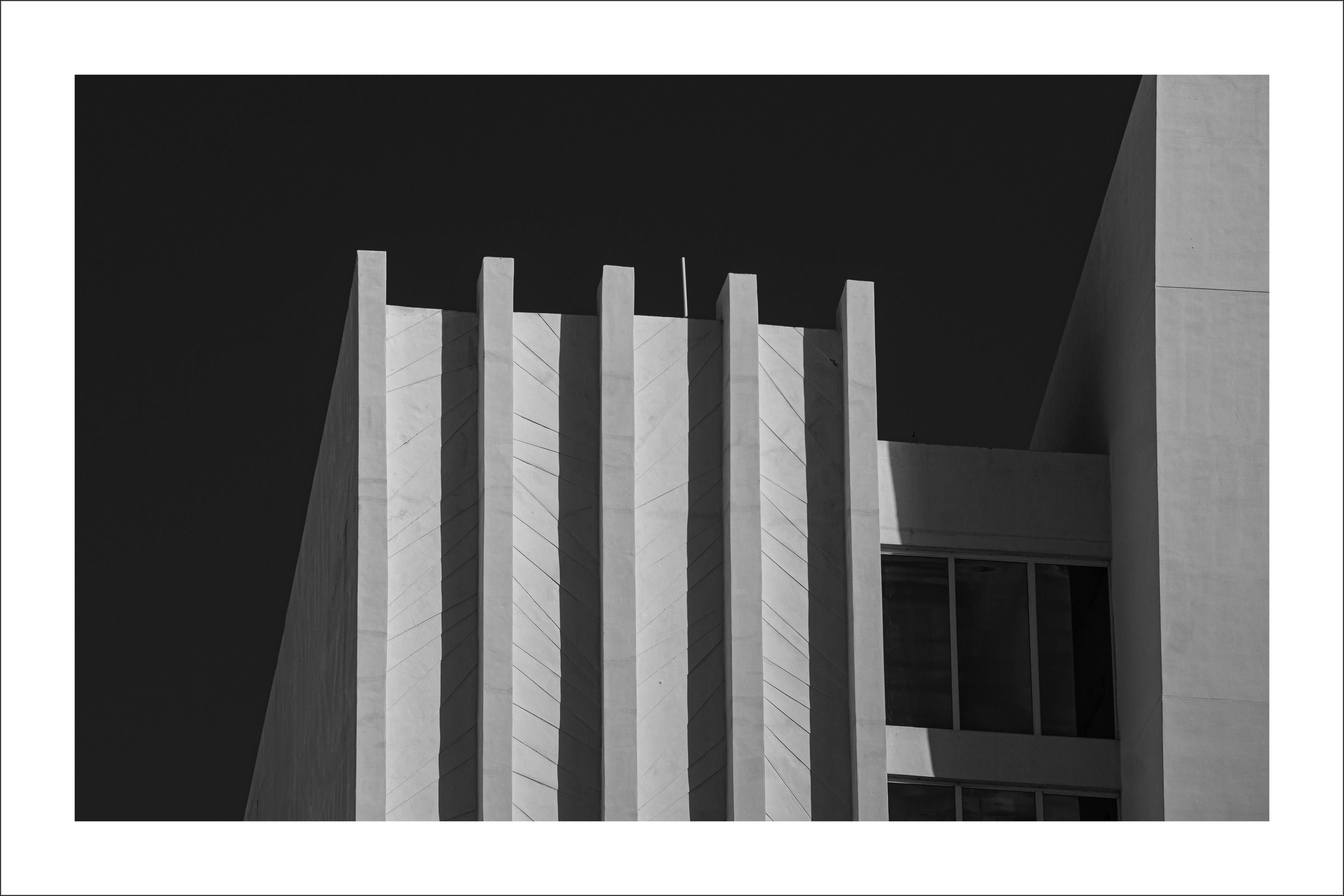 Kind of Cyan Black and White Photograph - Art Deco Beach Facade, Miami Vintage Hotel Building, Black a& White Architecture