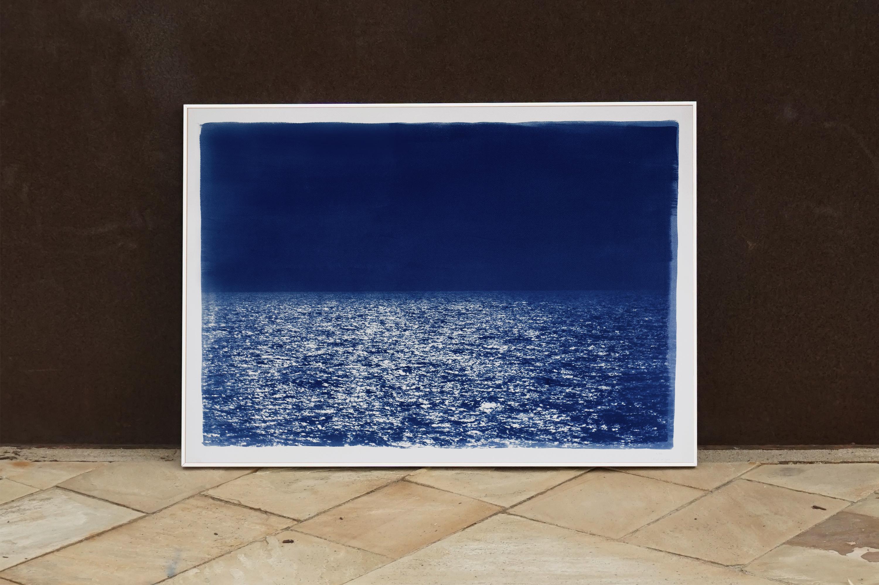 Barcelona Beach Night Horizon, Nocturnal Seascape Cyanotype sur papier aquarelle en vente 7
