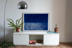 Barcelona Beach Night Horizon, Nocturnal Seascape Cyanotype on Watercolor Paper