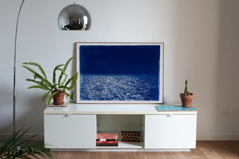 Barcelona Beach Night Horizon, Nocturnal Seascape Cyanotype on Watercolor Paper - Photograph by Kind of Cyan