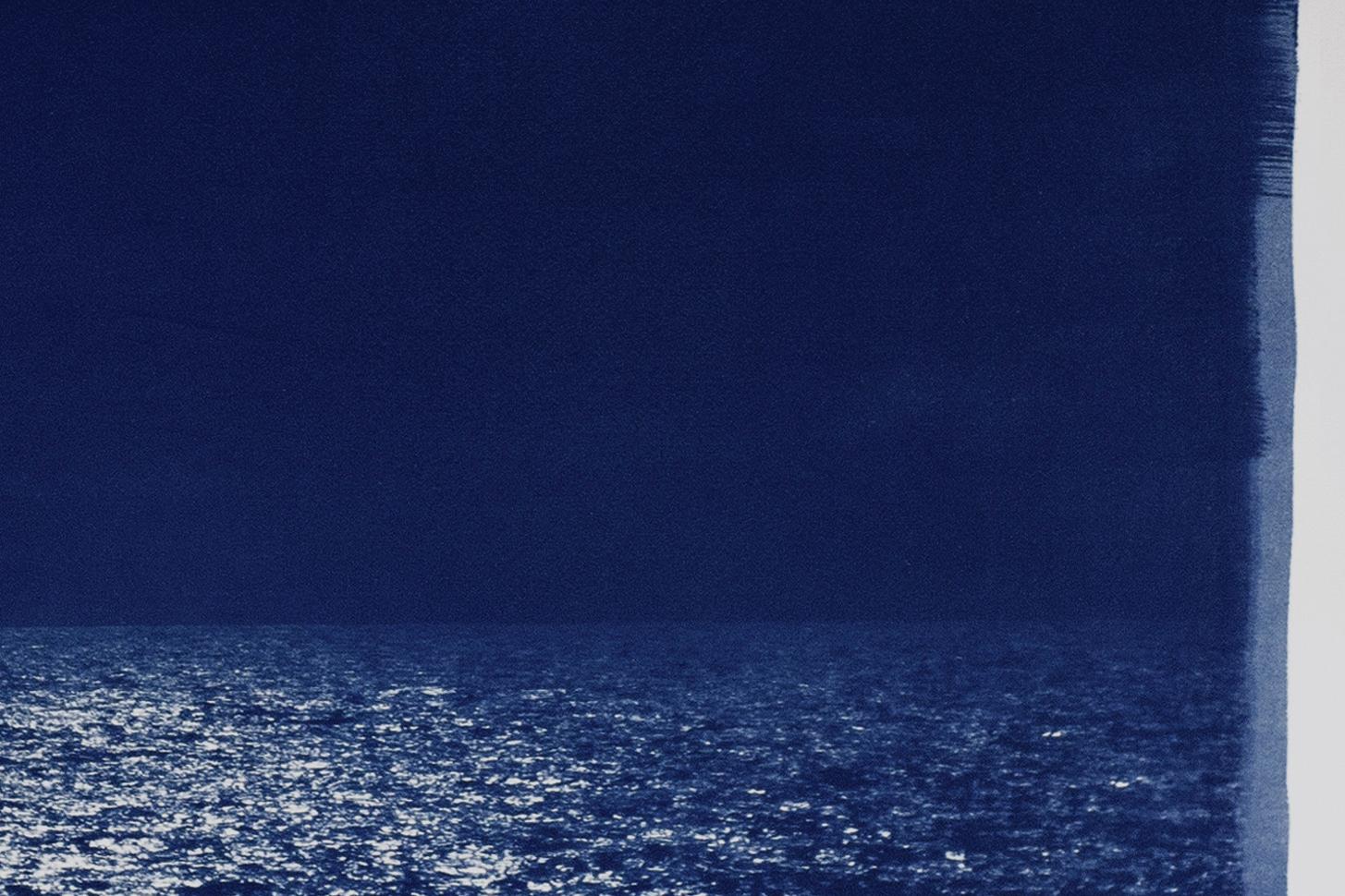Barcelona Beach Night Horizon, Nocturnal Seascape Cyanotype on Watercolor Paper - Minimalist Photograph by Kind of Cyan