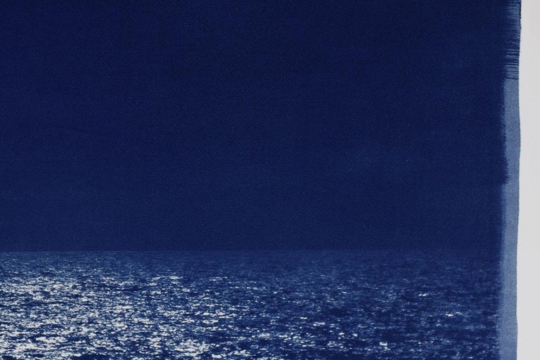Barcelona Beach Night Horizon, Nocturnal Seascape Cyanotype on Watercolor Paper For Sale 1