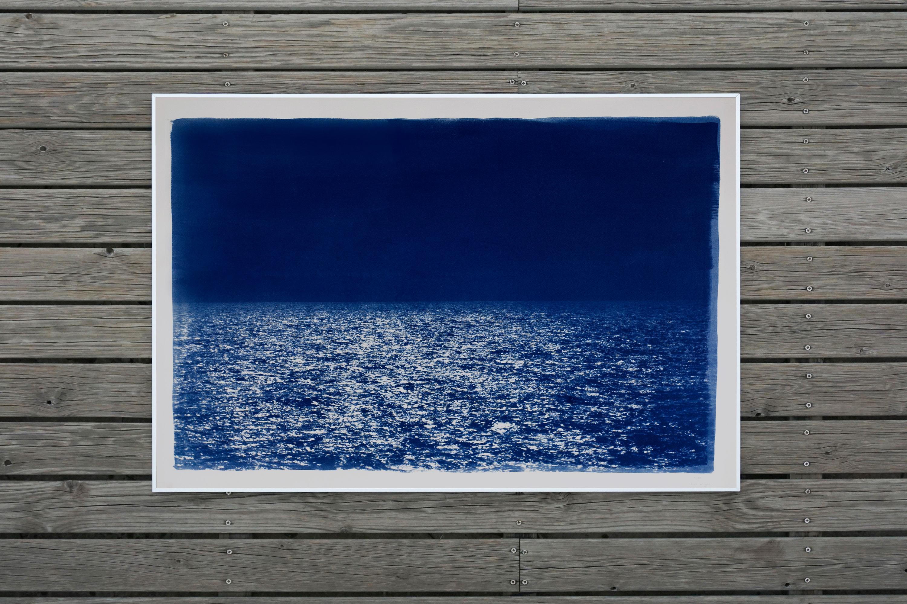 Barcelona Beach Night Horizon, Nocturnal Seascape Cyanotype sur papier aquarelle en vente 3