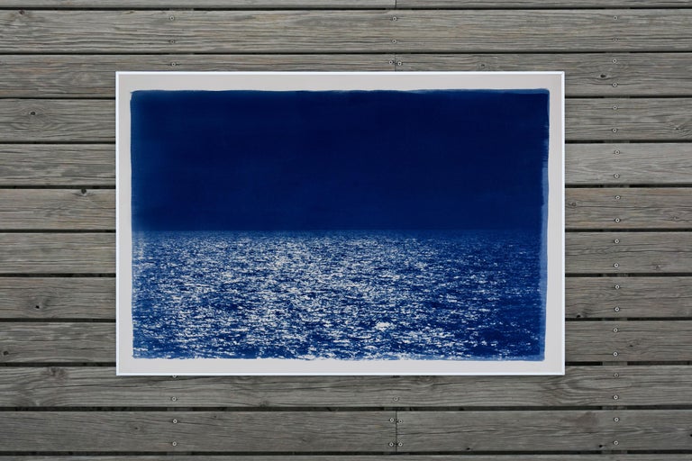 Barcelona Beach Night Horizon, Nocturnal Seascape Cyanotype on Watercolor Paper For Sale 2