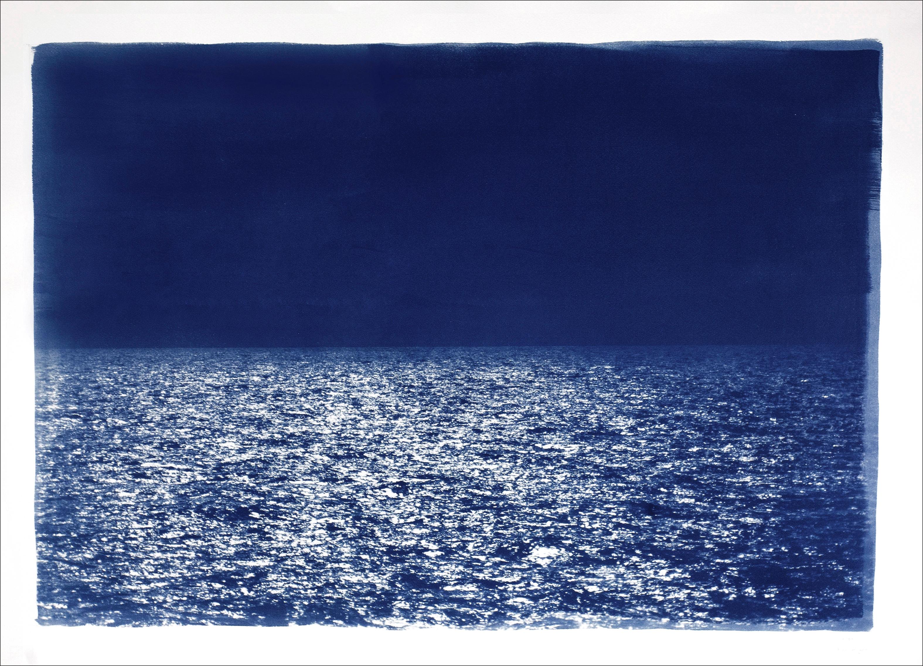 Landscape Print Kind of Cyan - Barcelona Beach Night Horizon, Nocturnal Seascape Cyanotype sur papier aquarelle