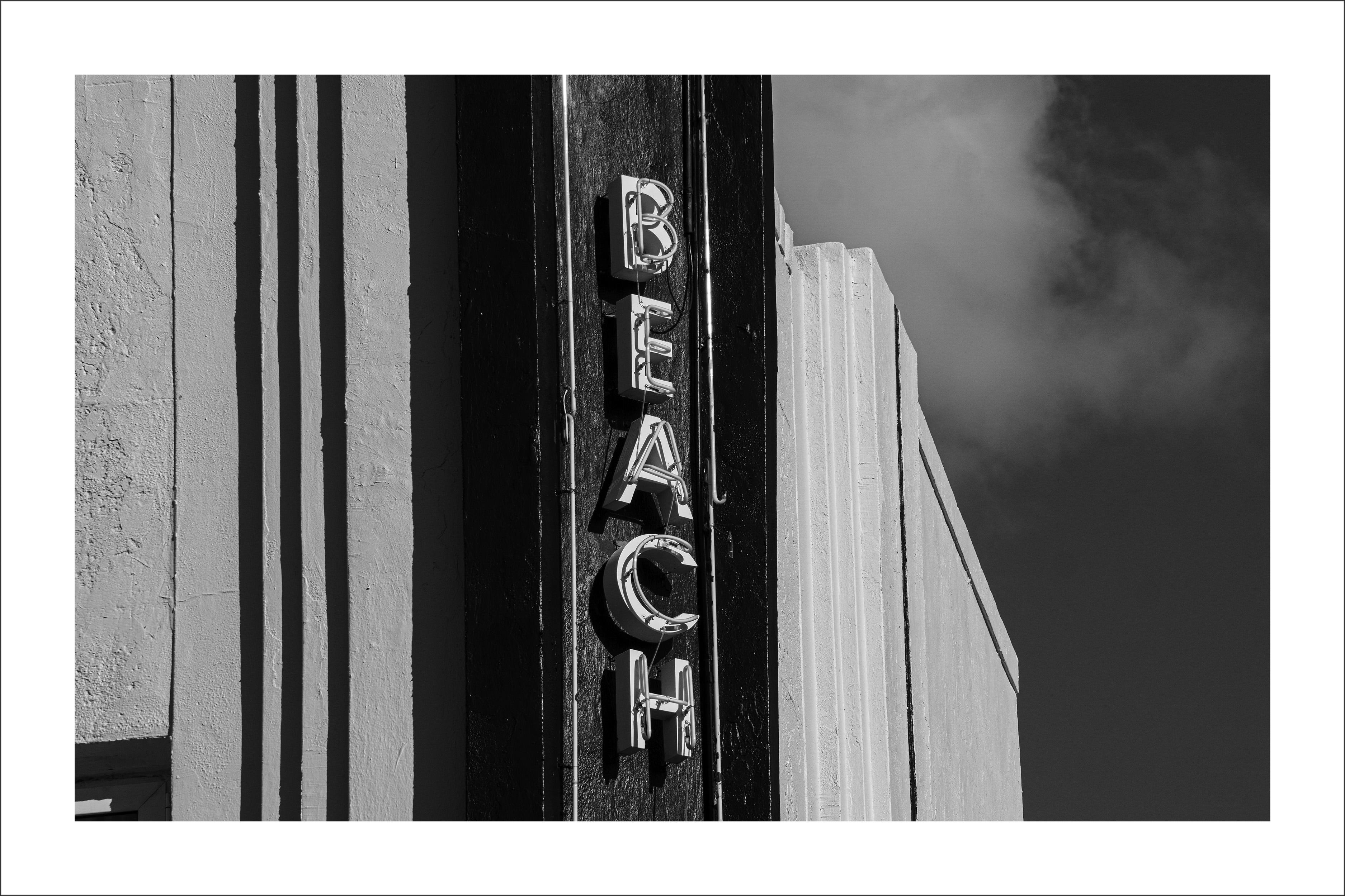 Kind of Cyan Black and White Photograph - Beach Neon Letters, Black and White Limited Edition, Miami Hotel, Architecture