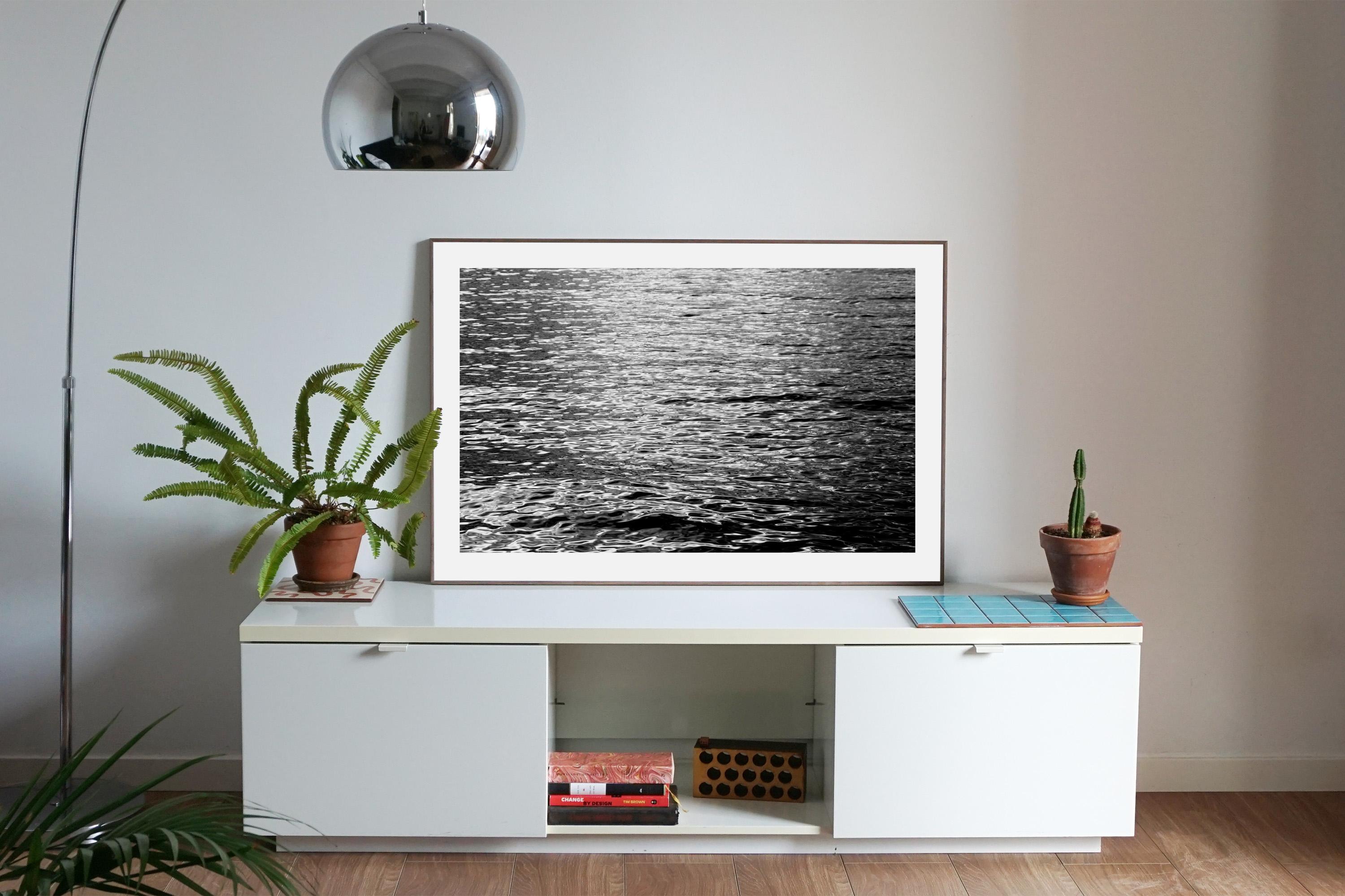 Black and White Abstract Ripples Under Moonlight, Nocturnal Nautical Giclée For Sale 1