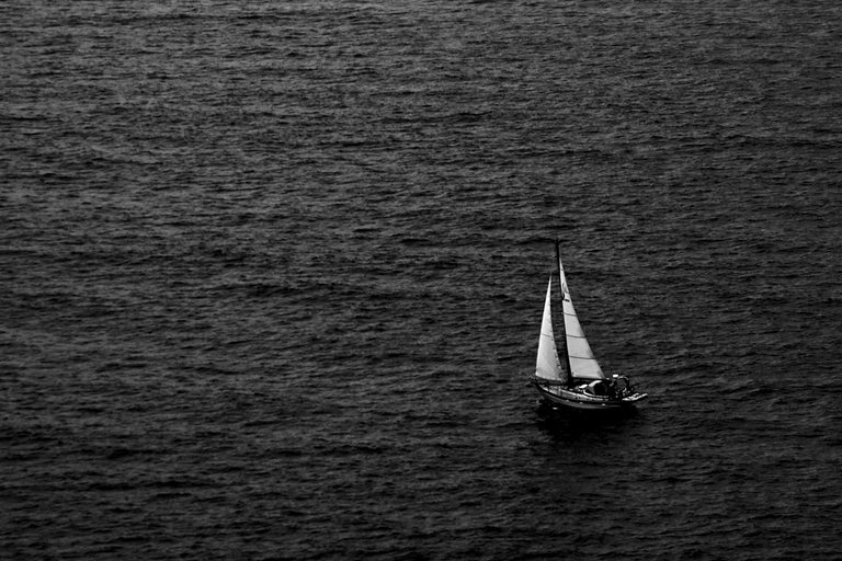  Black and White Misty Sailboat Journey, Seascape Giclée Print, Nautical  For Sale 1