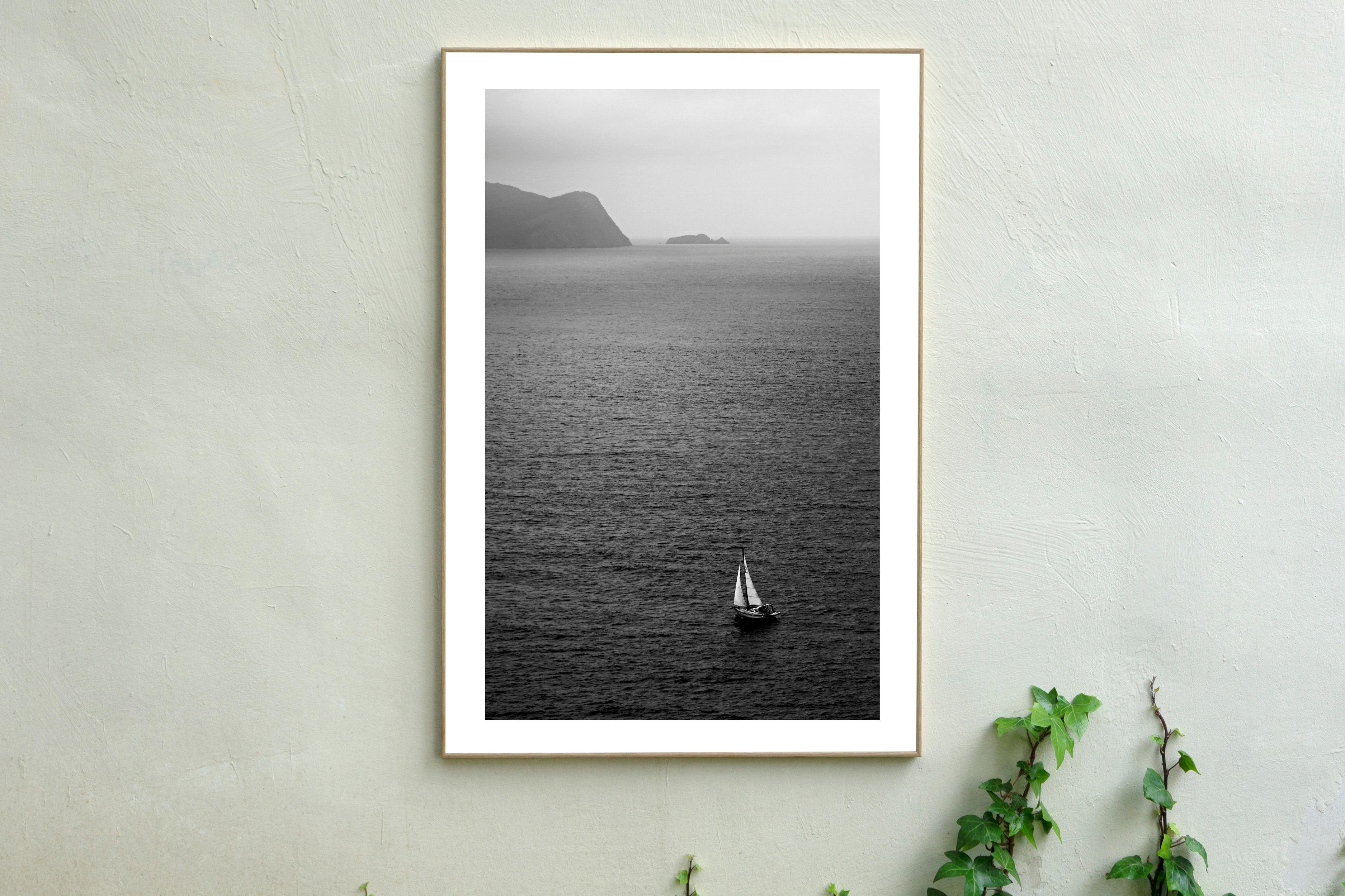  Black and White Misty Sailboat Journey, Regatta Seascape, Mediterranean Coast For Sale 1