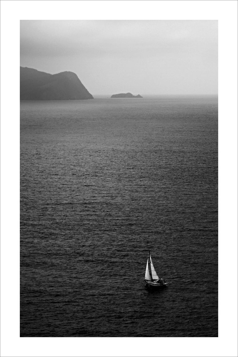 Kind of Cyan Black and White Photograph -  Black and White Misty Sailboat Journey, Seascape Giclée Print, Nautical 