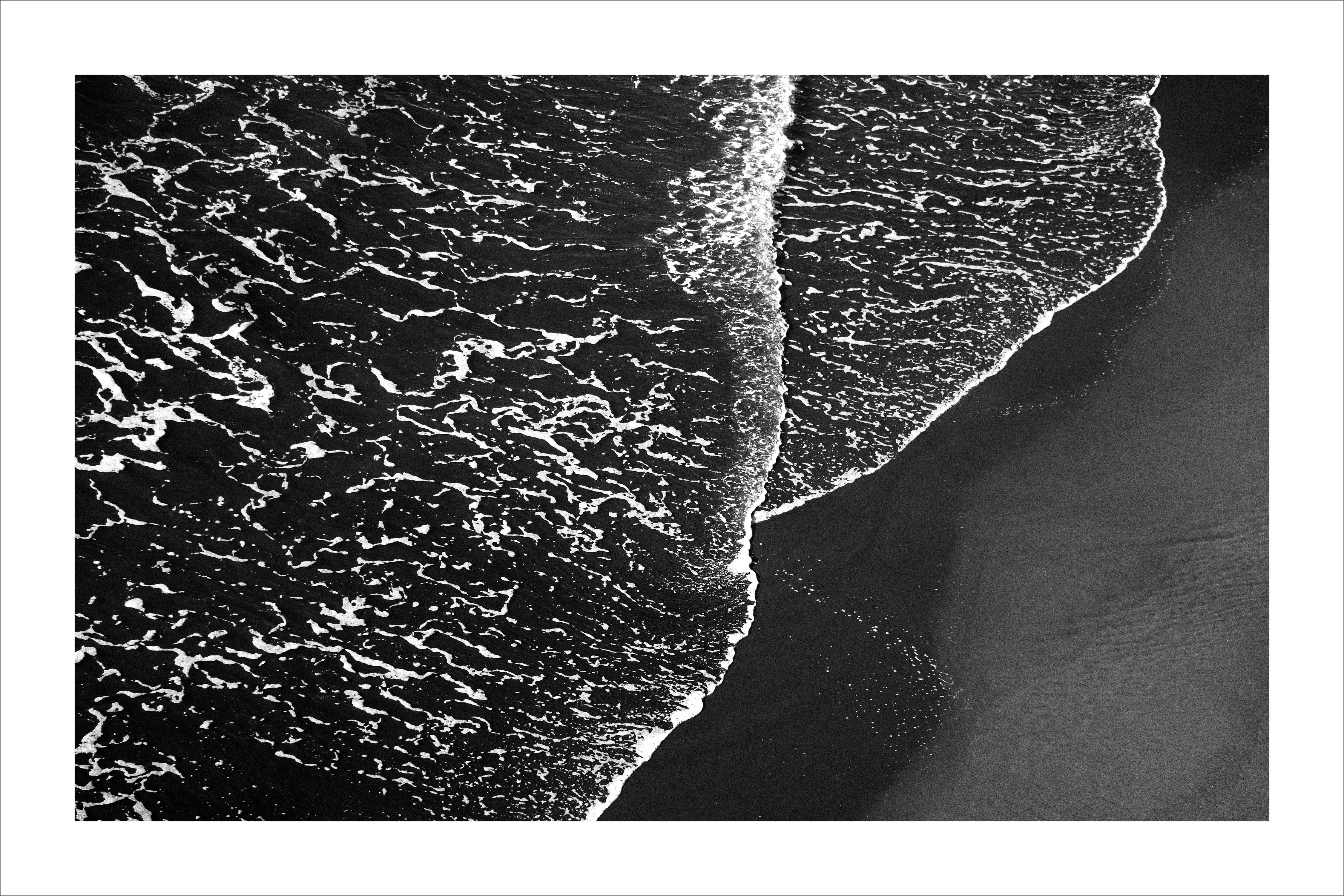 Kind of Cyan Landscape Photograph - Pacific Foamy Shoreline, Black and White Seascape, Minimal Style Giclée, Classy