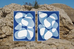 Blue Duo of Transparent Shapes, Cutout Layers Cyanotype Diptych on Paper, Modern