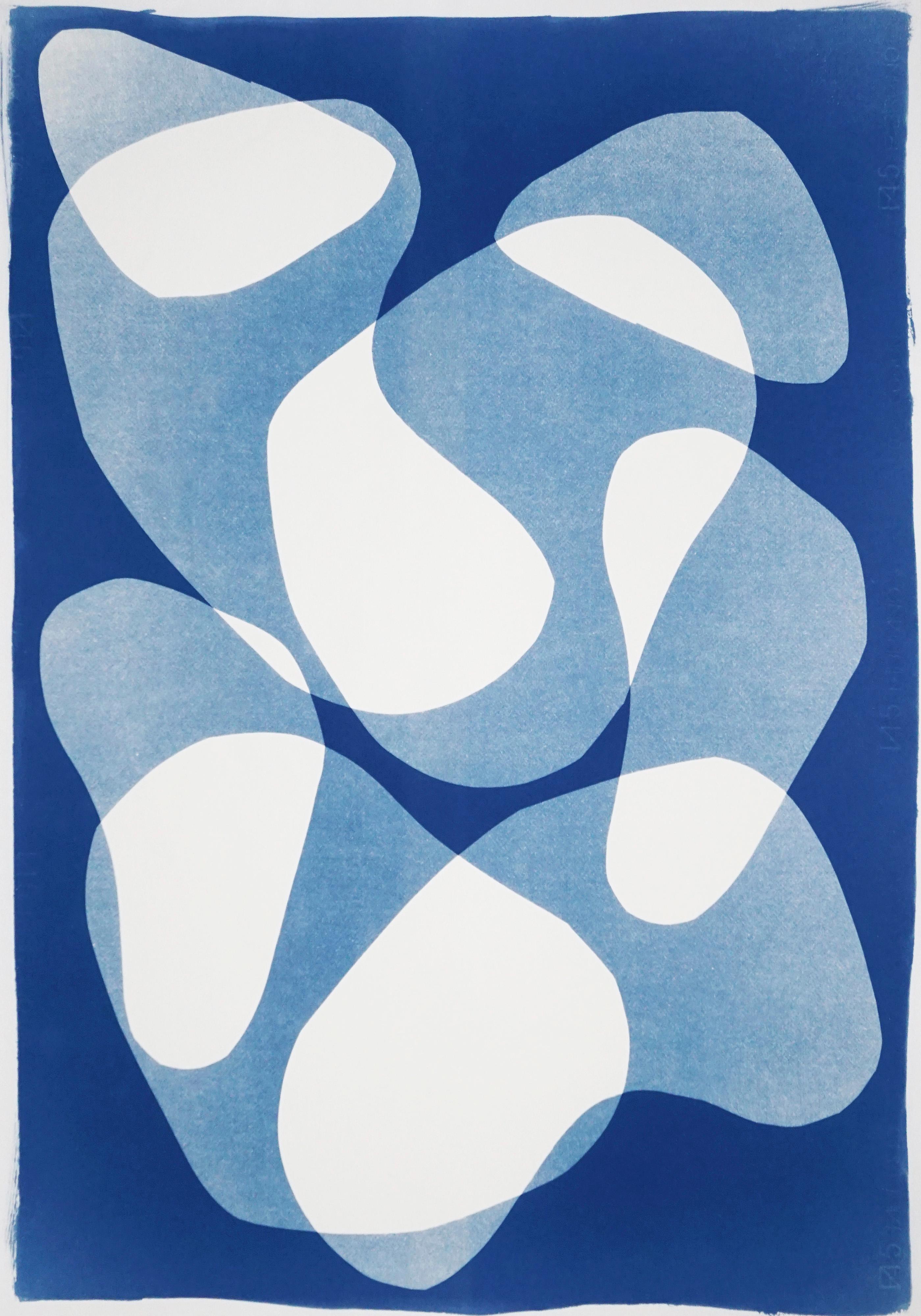 Blue Duo of Transparent Shapes, Cutout Layers Cyanotype Diptych on Paper, Modern 1