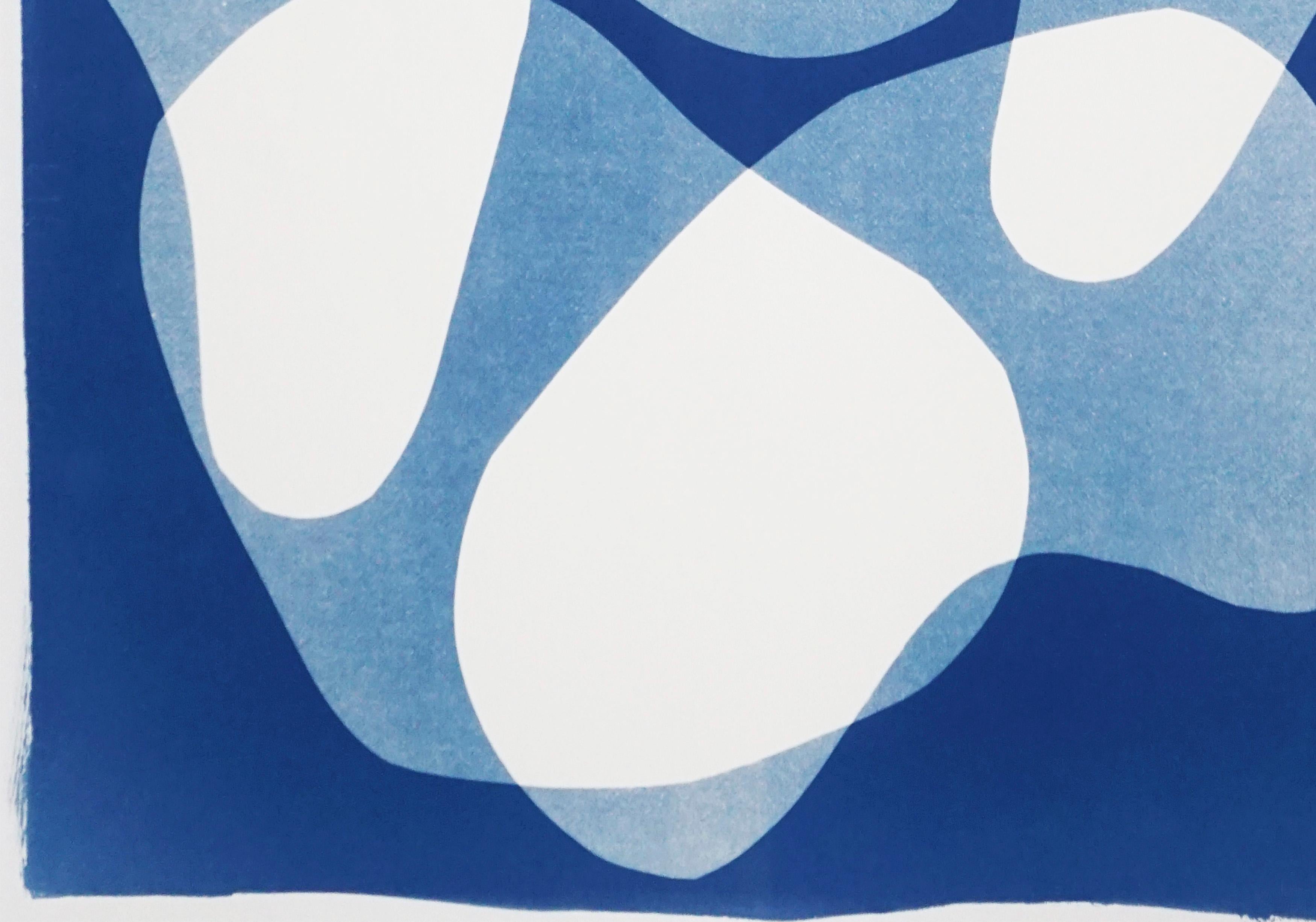 Blue Duo of Transparent Shapes, Cutout Layers Cyanotype Diptych on Paper, Modern 3