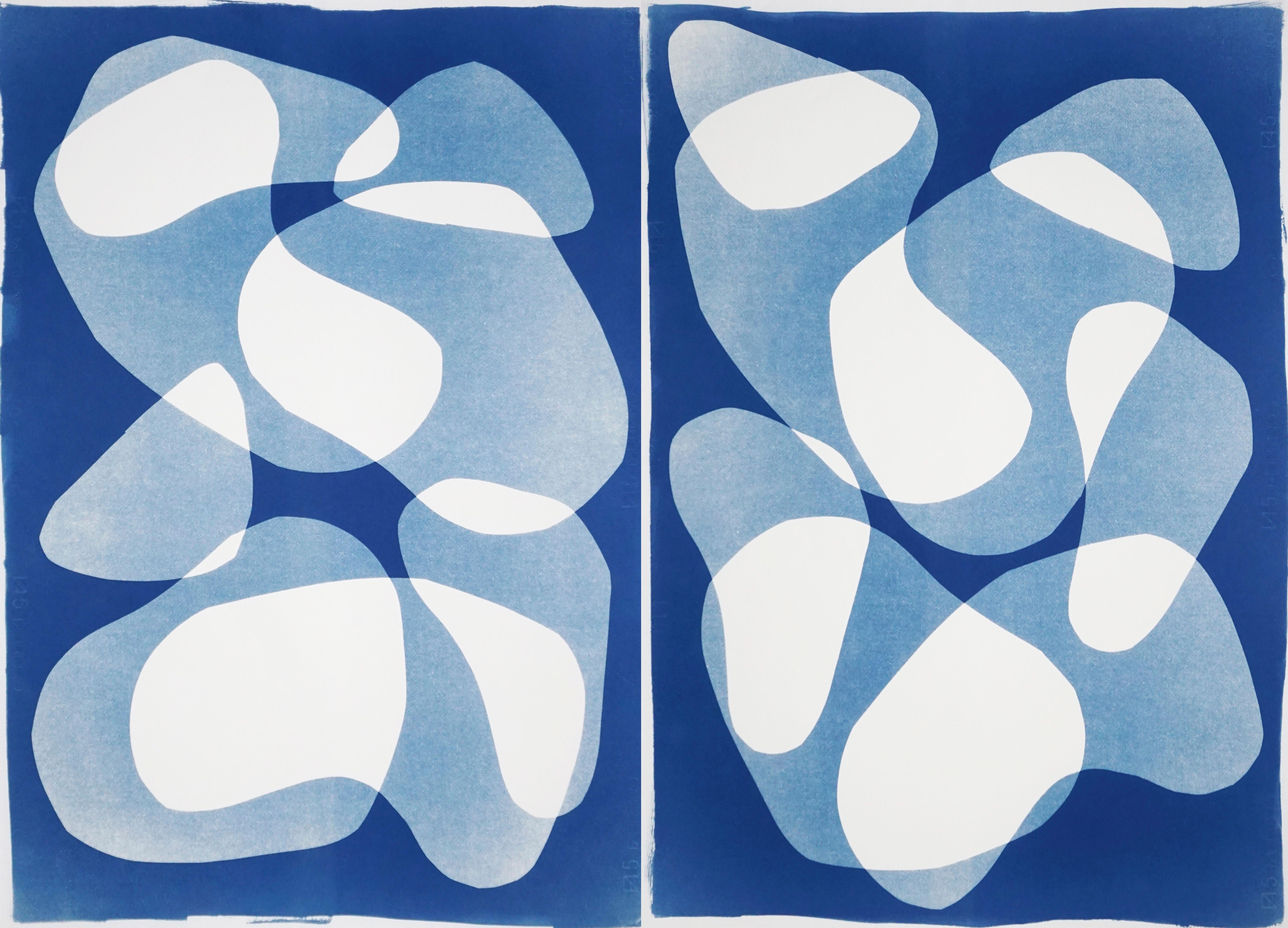 Kind of Cyan Abstract Photograph - Blue Duo of Transparent Shapes, Cutout Layers Cyanotype Diptych on Paper, Modern