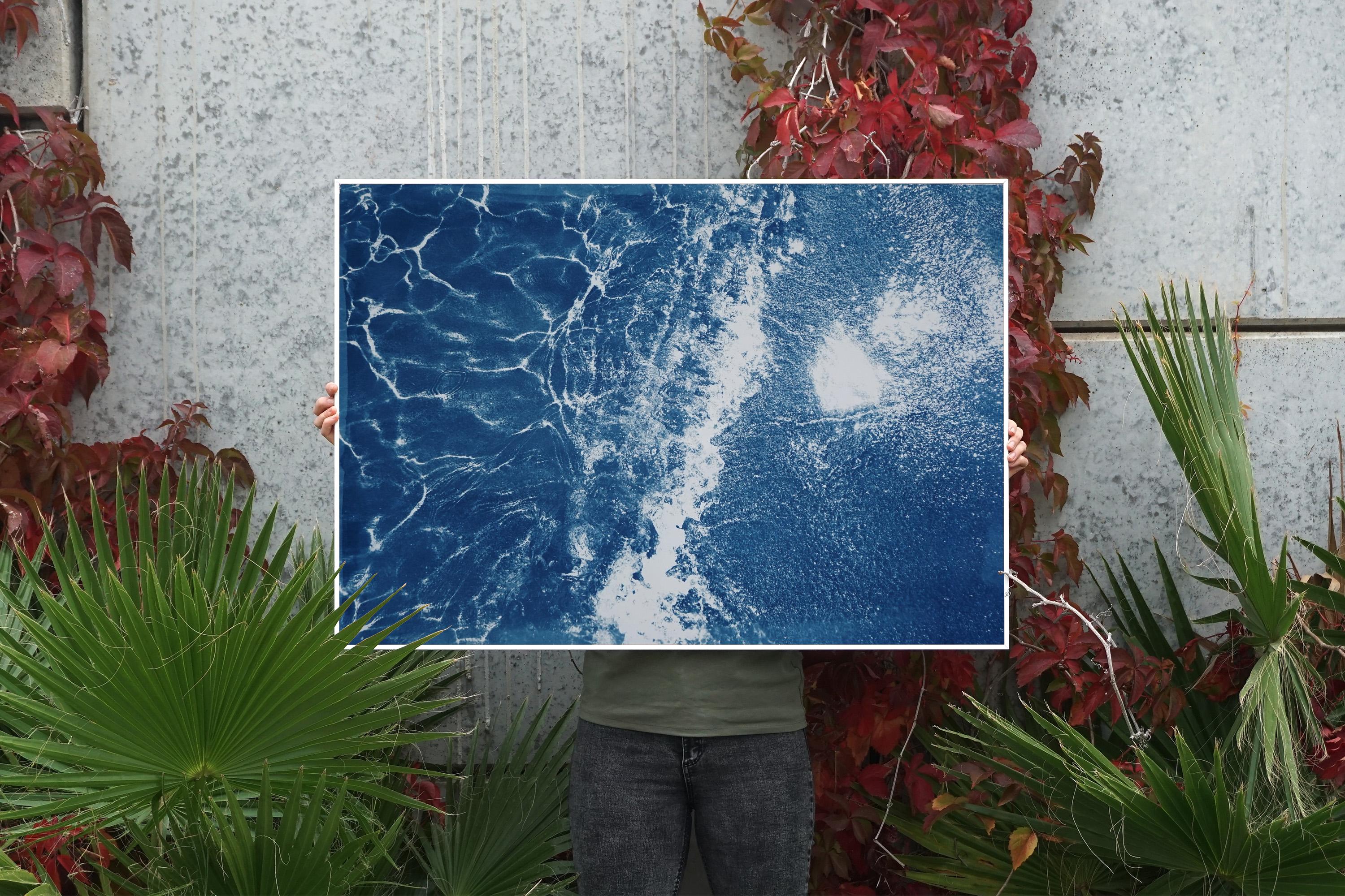 Peinture cyanotype en sable des Caraïbes sur papier aquarelle, Art de la maison de plage en bleu en vente 4