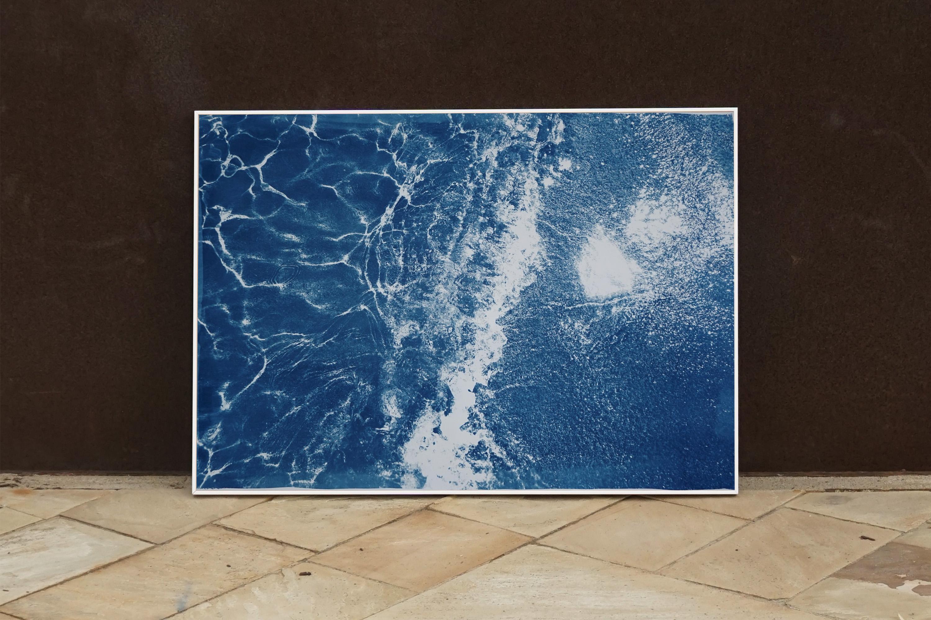 Peinture cyanotype en sable des Caraïbes sur papier aquarelle, Art de la maison de plage en bleu en vente 5